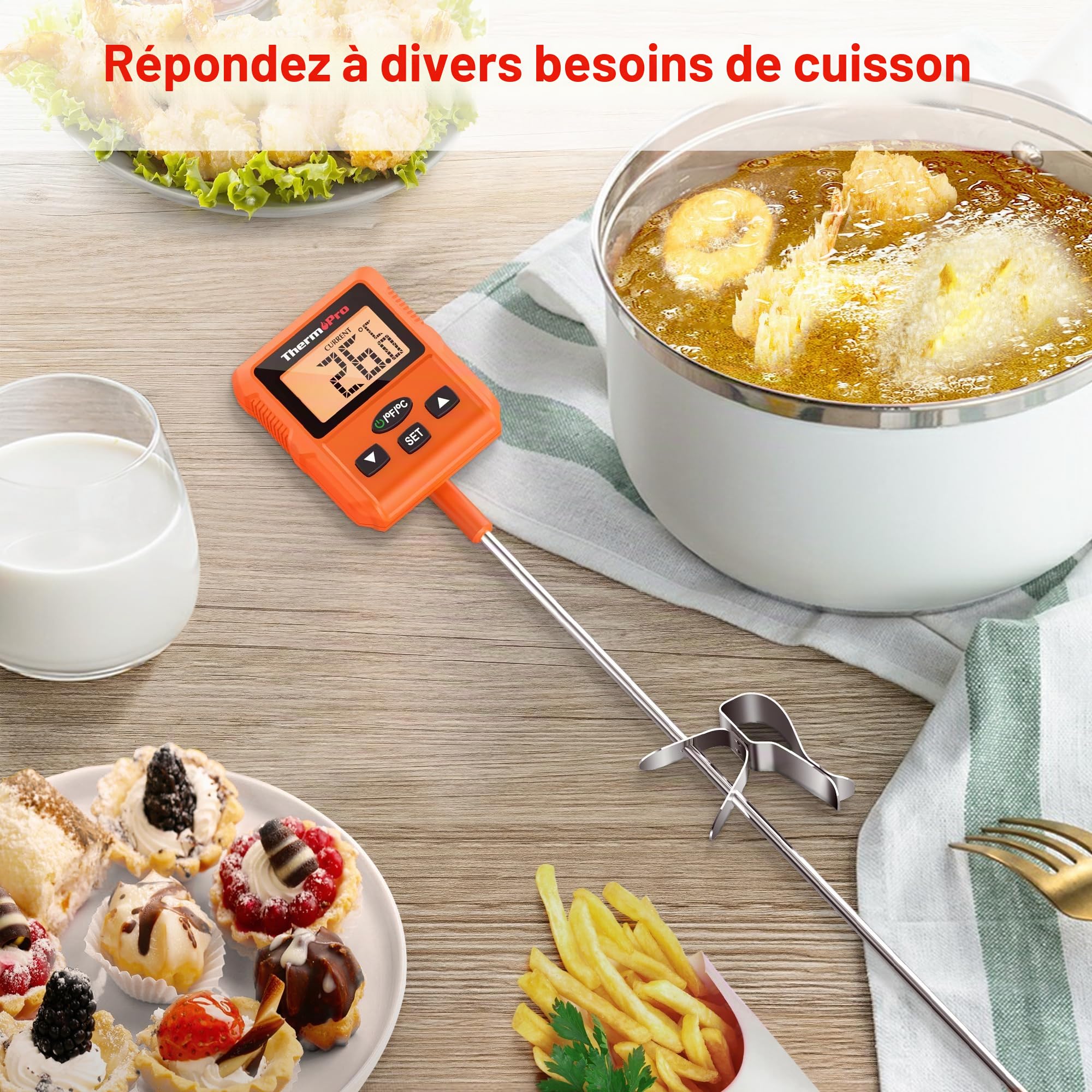 ThermoPro TP511 Thermomètre Numérique pour Bonbons avec Clip pour Pot, Thermomètre Alimentaire Programmable pour Viande avec Sonde Longue de 20cm pour Pâtisserie Grillade Bougie Huile Liquide Friture