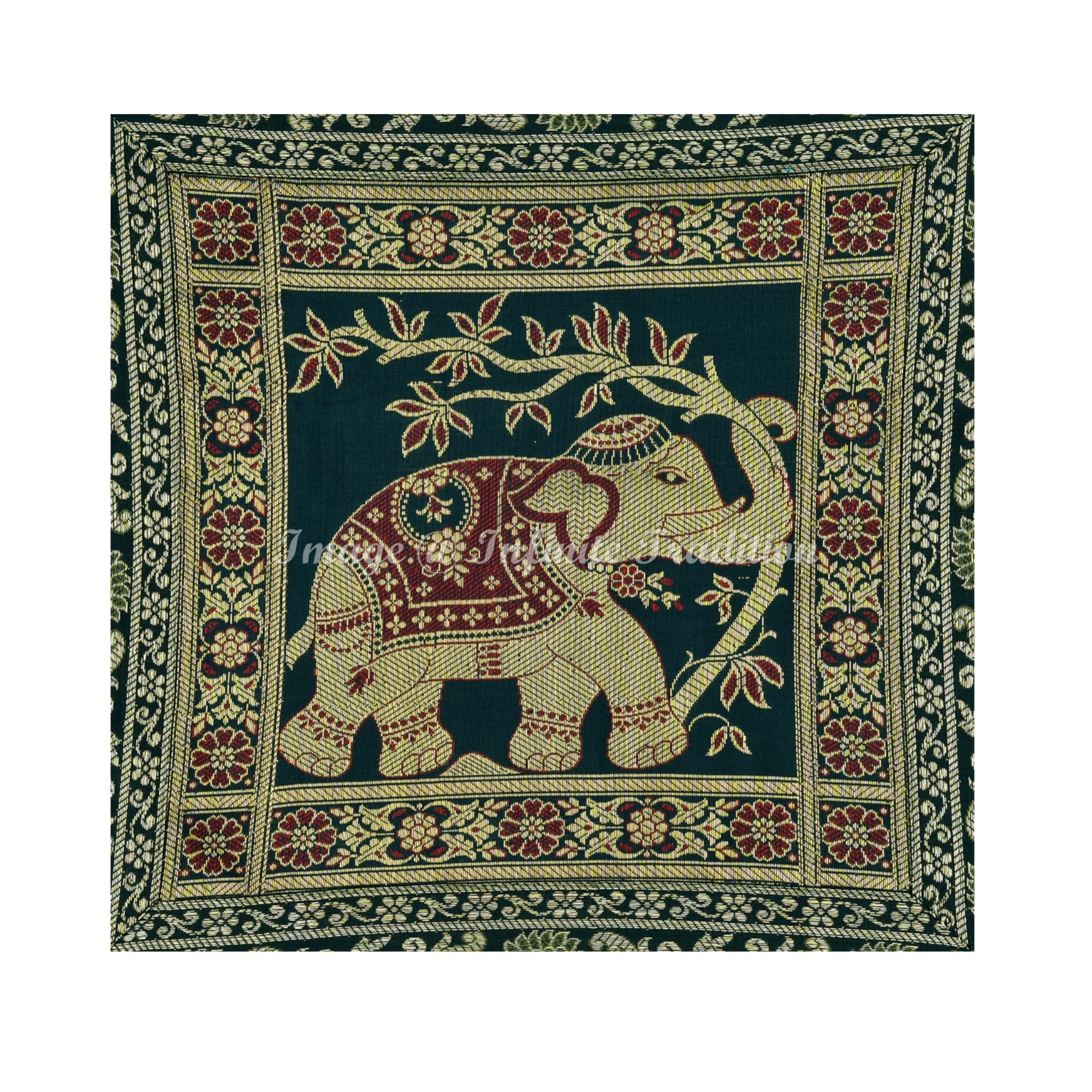 Stylo Culture Ethnic Couch Brocade Olive Green And Gold Throw Pillow Covers 12x12 Jacquard Weave Banarsi Outdoor Holiday Pillow Covers Elephant Floral