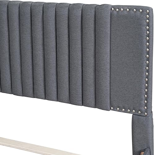 Miniatura 91 de Merax Base de cama tapizada de tamaño matrimonial con cama nido de tamaño individual, 2 cajones, cabecera con patrón de ladrillo y soporte de