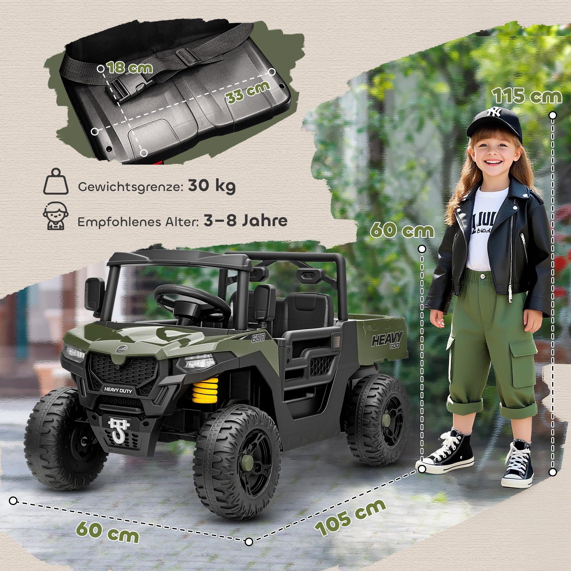 AIYAPLAY Kinder Elektroauto 12V UTV mit 2,4 GHz Fernbedienung 2 Motor Grün | Kinderauto, Kinderfahrzeug, Softstart, Federungssystem, Kofferraum, Musik, USB-Anschluss, Hupe, für 3-8 Jahre