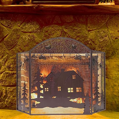 Miniatura 7 de BestGiftEver Pantalla decorativa para chimenea de 3 paneles con diseño de cono de pino de cabaña de casa, cubierta de chimenea, pantalla de malla de