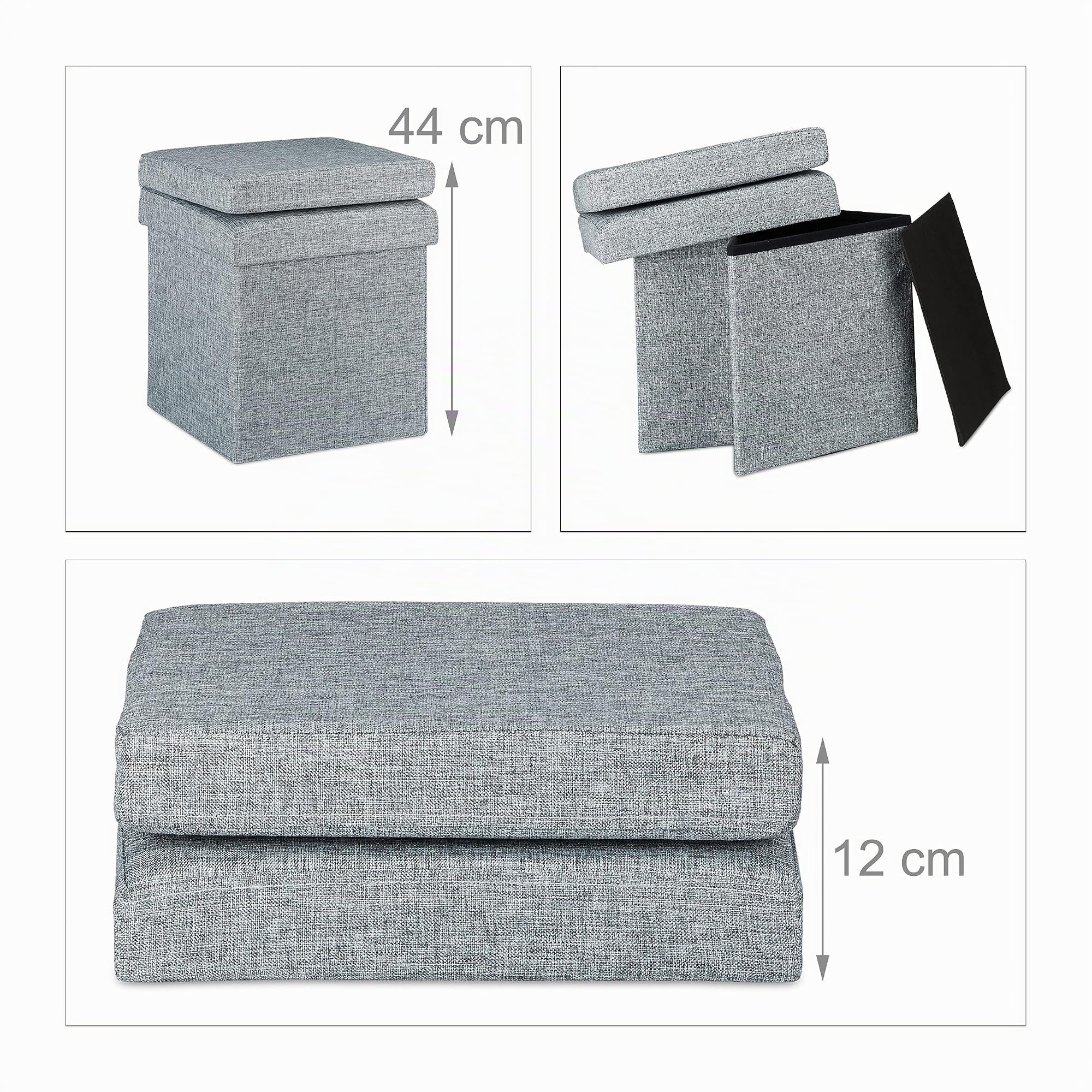 Relaxdays Puff Almacenaje con Respaldo, Taburete Plegable, Asiento, Baúl, Caja, Lino, 1 Ud., 73 x 38 x 38 cm, Gris