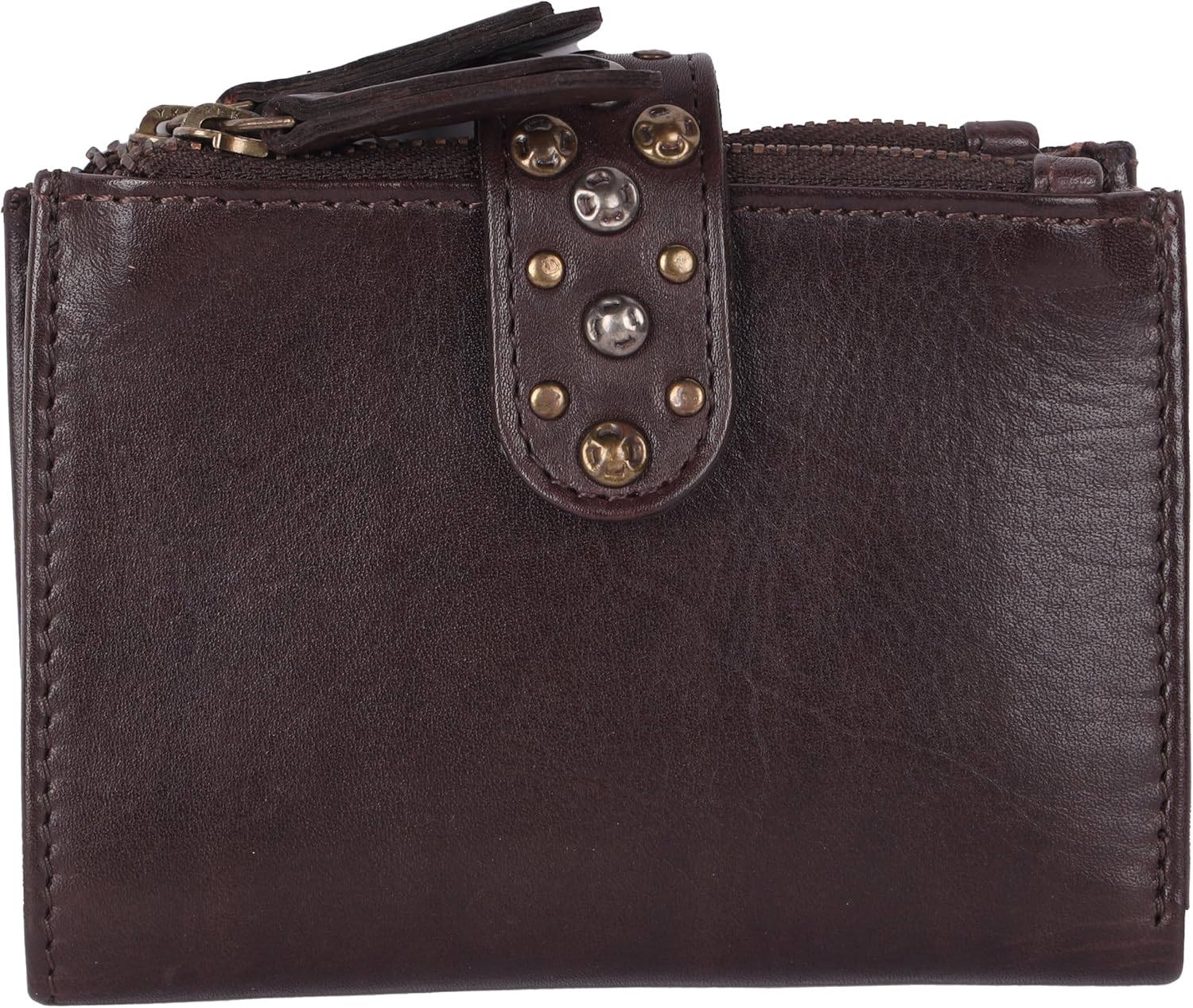 4.75 Inch Genuine Italian Leather Boho Studded Bifold Wallet – Zipper Coin Purse & Credit Card Holder for Women (Brown)