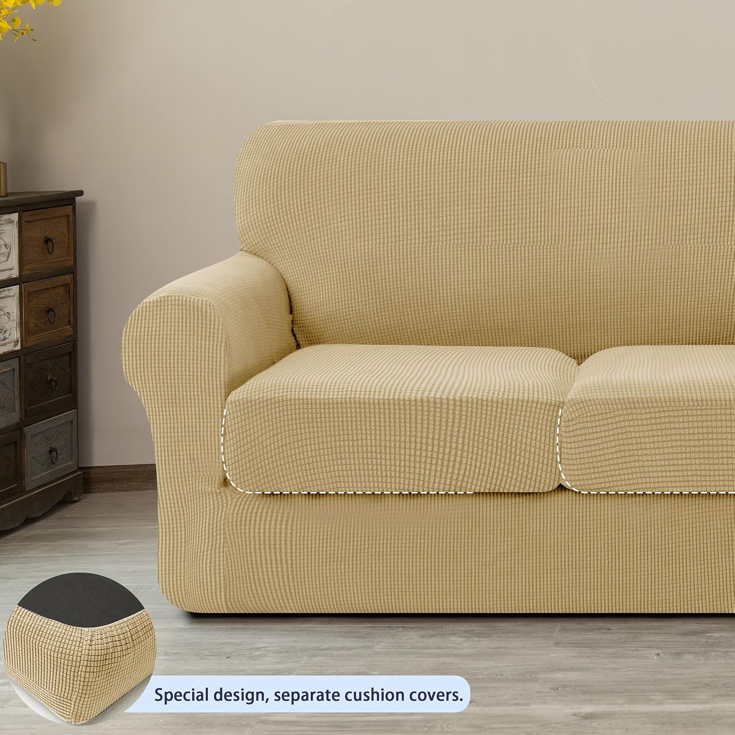 SUBRTEX Sofa Slipcover with Separate Cushion Couch Cover 2-Seaters 3-Seaters Furniture Protector for Kids/Pets(Medium&Large,Khaki)