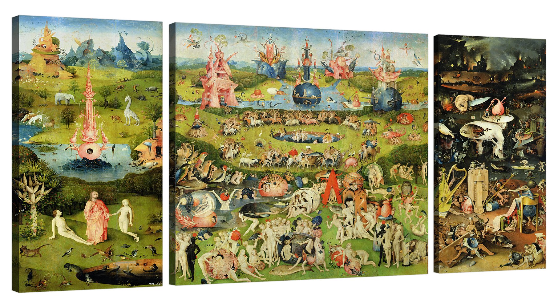 Quadro Il Giardino delle Delizie Hieronymus Bosch 140x70 cm Stampa su Tela con Telaio in Legno Arredamento Arte Arredo