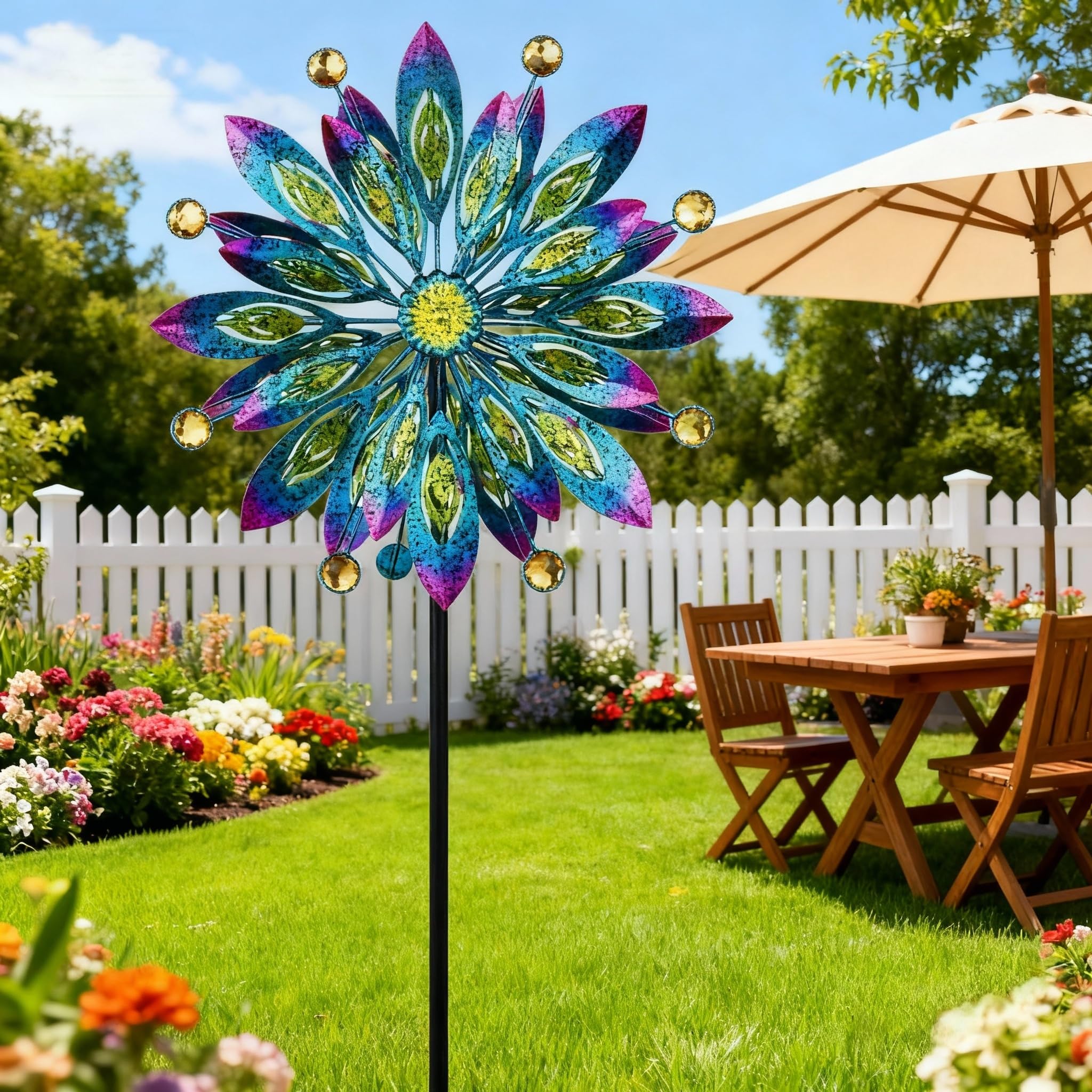 Girandola a vento per cortile e giardino, mulino a vento da esterno in metallo, scultura cinetica a vento bidirezionale con rotazione a 360 gradi per decorazione di cortile, patio e prato, 154 cm