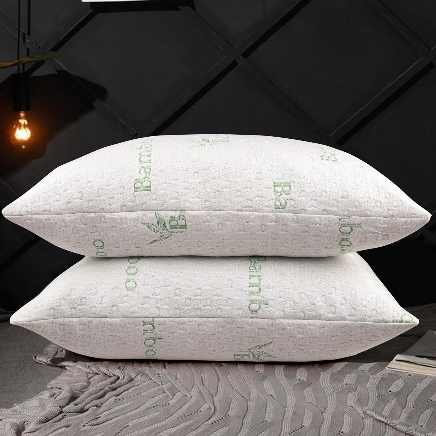 Queen Size Plush Bamboo Microfiber Pillows with Cotton Cover, Set of 2