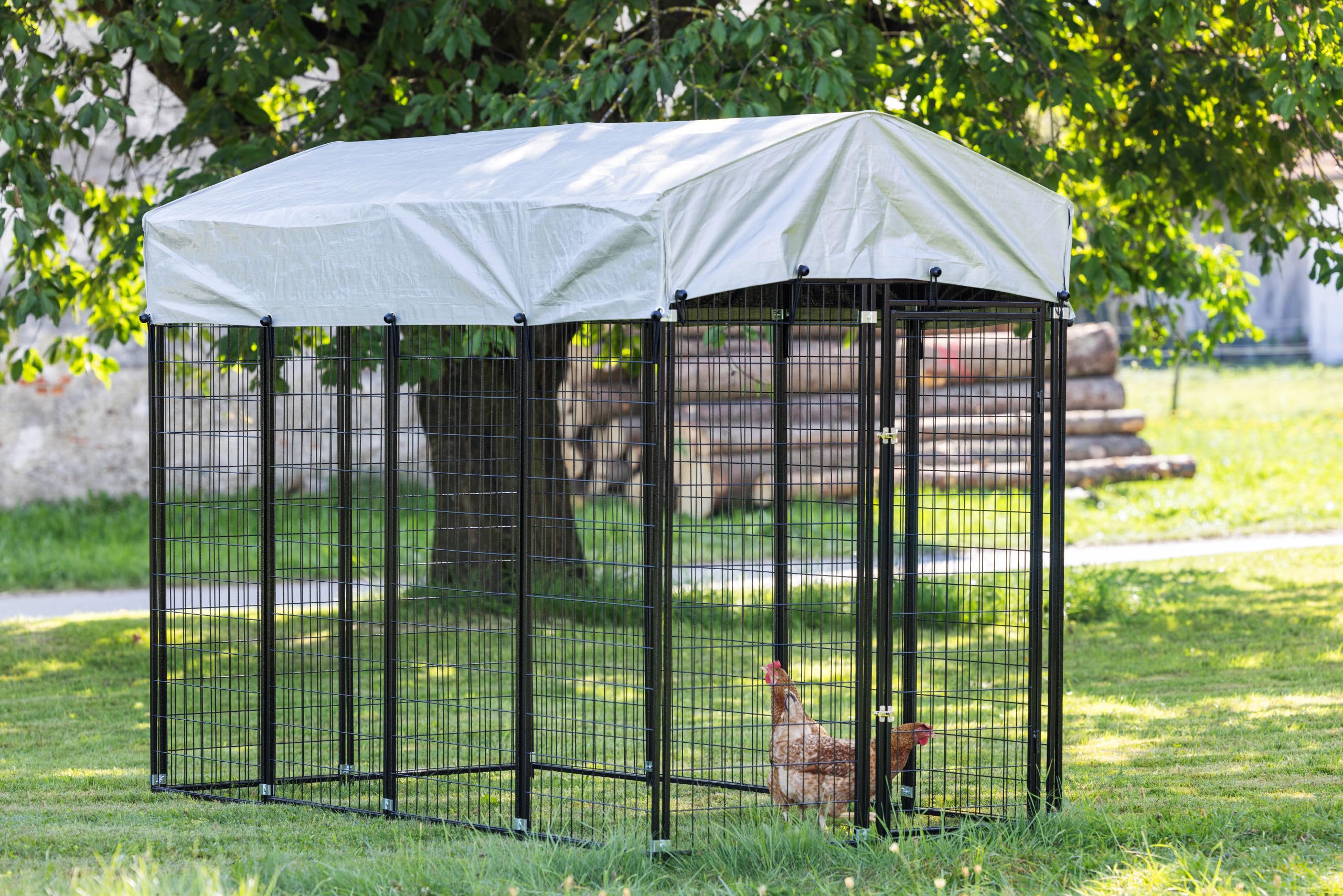 Kerbl Hobbyfarming Freilaufgehege Space, Freigehege, Hühnerzaun, schwarz, Metall pulverbeschichtet, 243x127x184cm, Gitterabstand 10cm, Sonnenschutz
