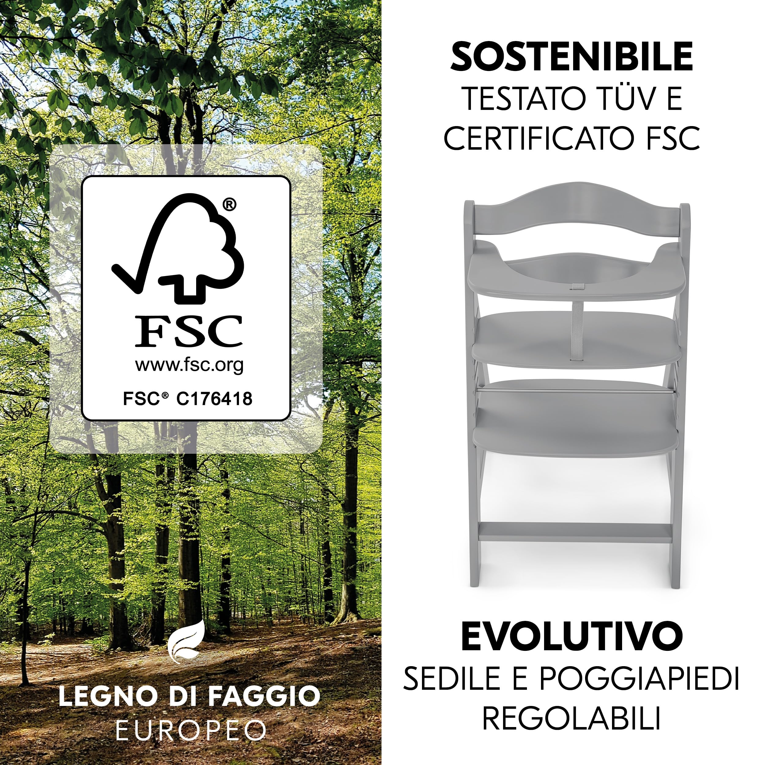 hauck Seggiolone Pappa Alpha Plus Set Newborn - Sediolone Pappa Bimbi In Legno, Evolutivo con Sdraietta Neonati Dondolo 2in1 e Cuscino - Grigio