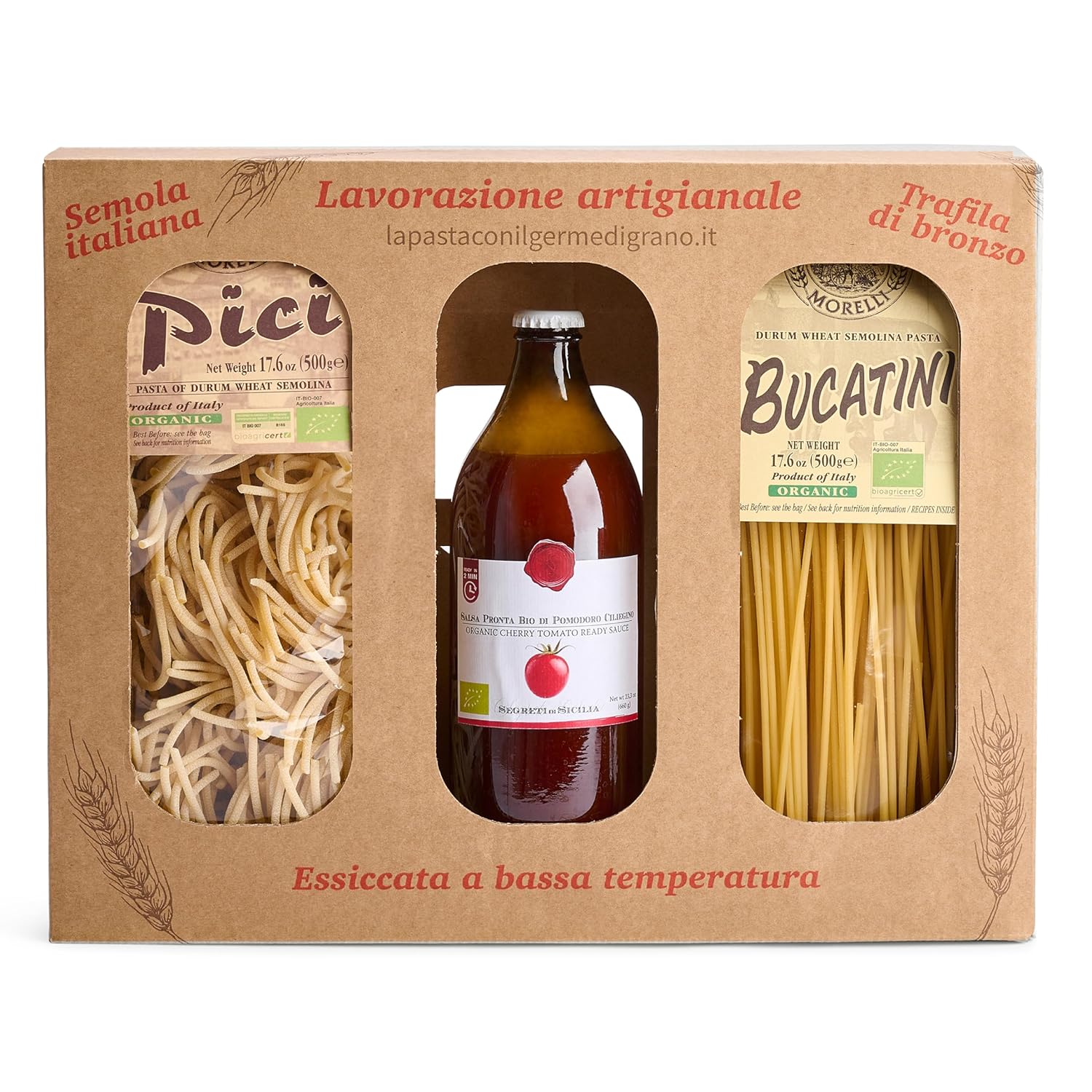 Morelli Tomato Sauce and Organic Pasta Gift Basket - Organic Pici Noodles, Cherry Tomato Sauce, & Bucatini Pasta Noodles, Italian Food Products From Italy for Holidays, Christmas, Bereavement Gifts