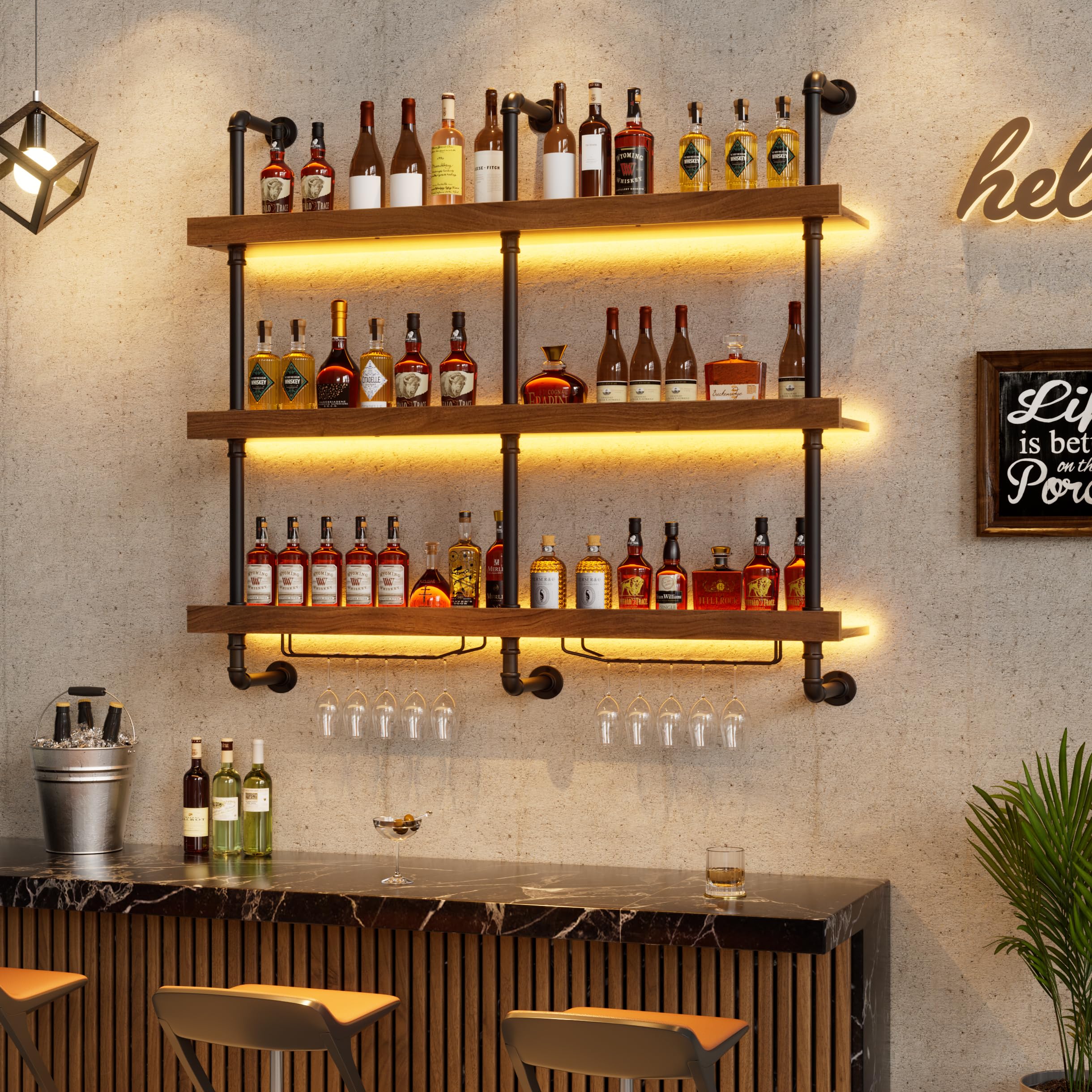Weinregal Wand Mit LED-Licht & Glashalter Weinregal für Die Wand aus Metall & Massivholz 3-stöckig Weinhalter Metall Hängend Aufbewahrungsregal Ideal für Bars,Weinkeller,Küche,Restaurants 25*120*120CM