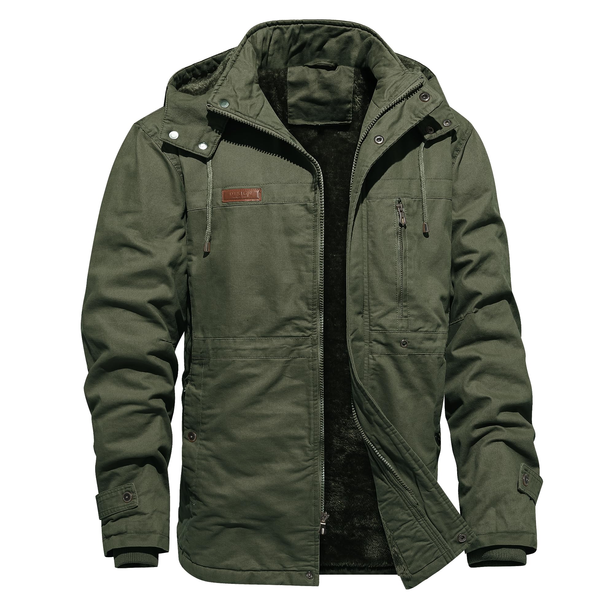 Mens Jacket Winter Casual Fleece Lined Cotton Thick Military Tactical Hooded Work Coats with Cargo Pockets
