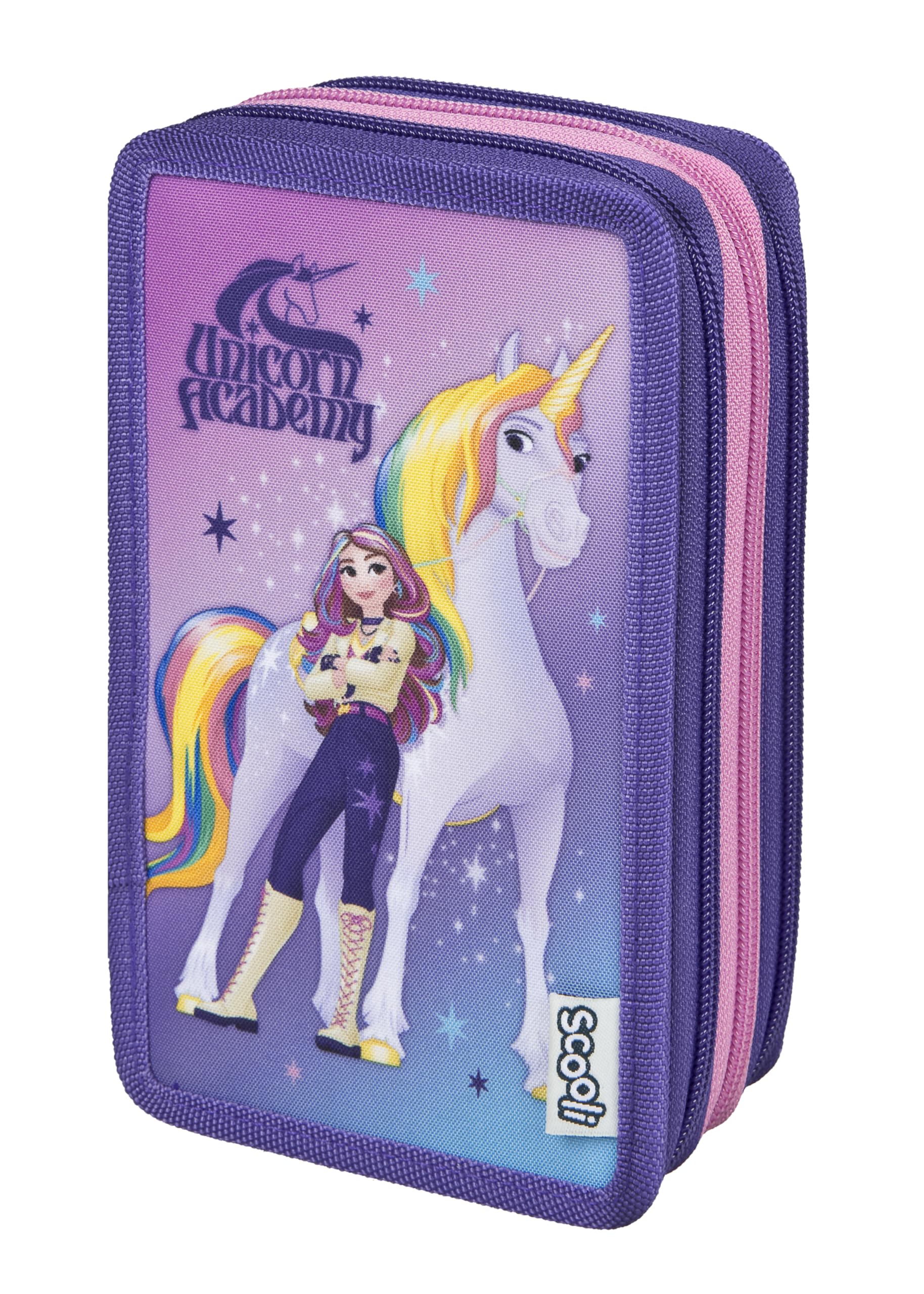 Scooli Tripledecker Unicorn Academy – piórnik szkolny z trzema komorami z kredkami i wysokiej jakości akcesoriami – idealny do szkoły i na czas wolny – od 6 lat