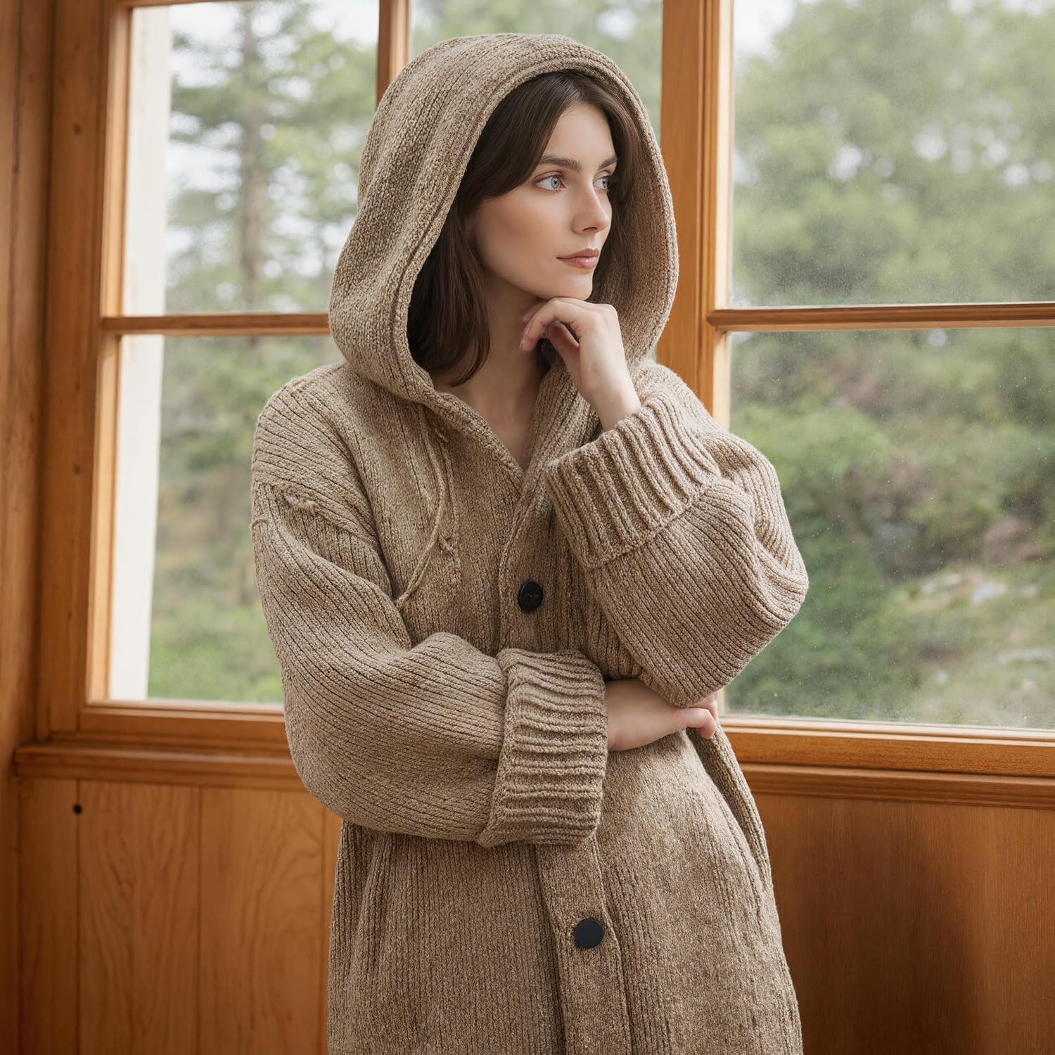 TIAFORD Women's Oversized Casual Chunky Knit Hooded Cardigans with Pockets, Fall Winter Warm Button Down Sweater Coats - Image 3