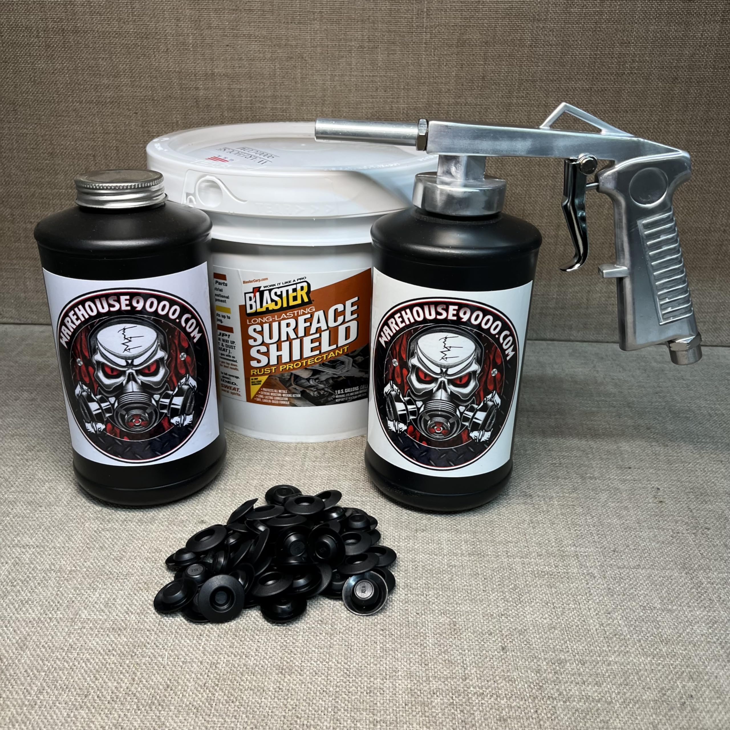 Gallon PB Blaster Surface Shield, Standard Undercoating Spray Gun, and 2 Black Quart Bottles
