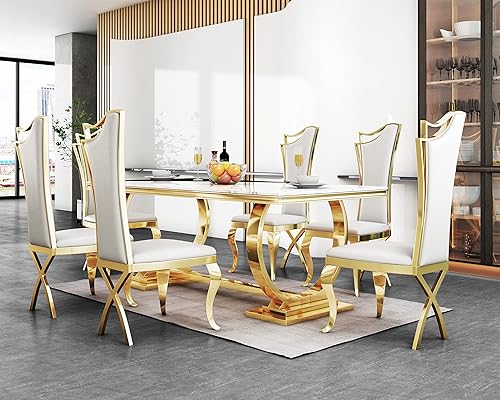 Miniatura 6 de Mesa de comedor de mármol blanco para 4, 6, 70 pulgadas, moderna mesa de comedor de cocina dorada con patas de acero inoxidable en forma de O,