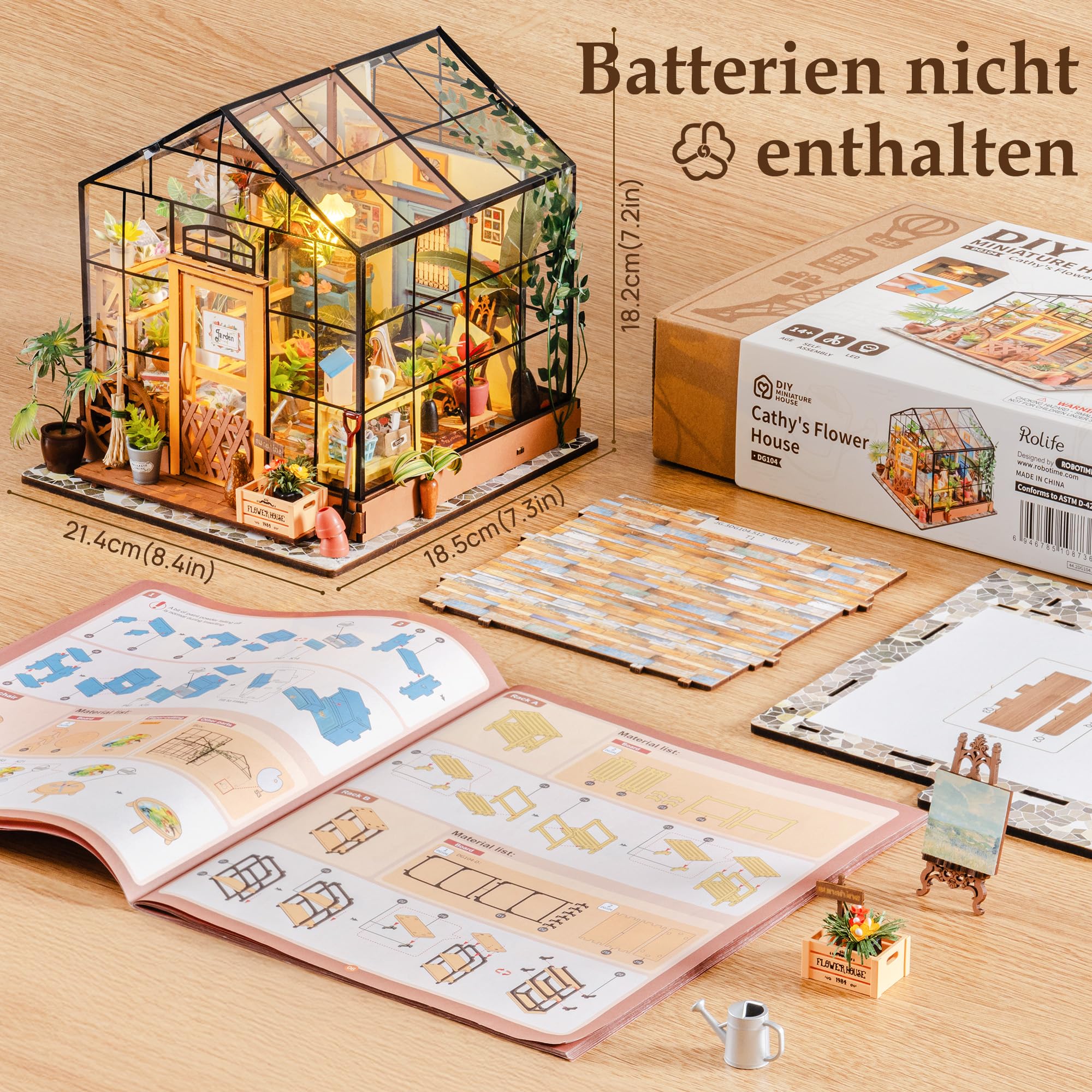 Rolife - Kit per casa delle bambole in miniatura fai da te, scala 1:24, con serra in legno e mobili in miniature, per donne, bambine, bambini, regalo per compleanno, Natale e San Valentino