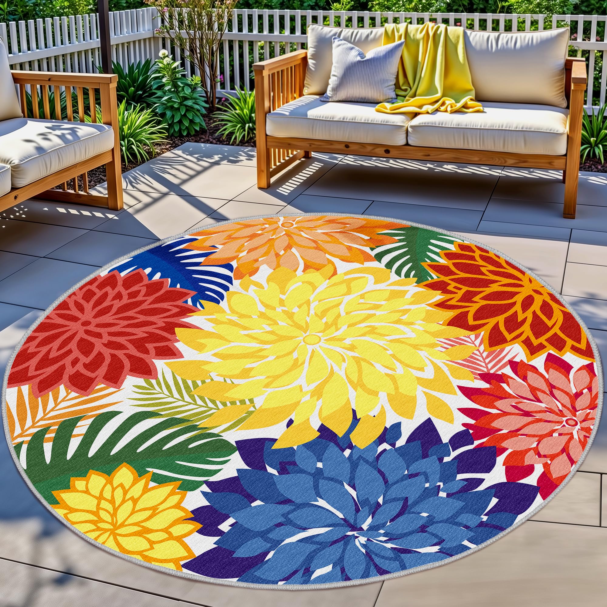 Arenarug Indoor Outdoor 6FT Round Area Rug Washable Rugs Multicolored Patio Rug Tropical Botanical Modern Floral Indoor Outdoor Round Carpet Non Slip for RV, Pool Deck, Backyard, Porch-image-17