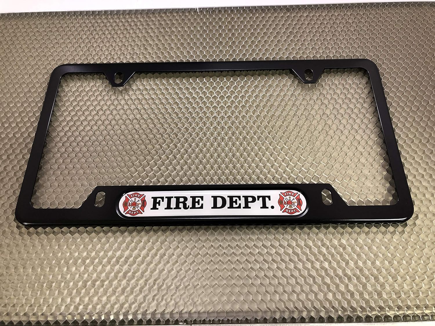 USA Patriotic Anodized Aluminum Thin Top | Narrow Top Car License Plate Frame with U.S. Fire Department Insert with Free caps - Black