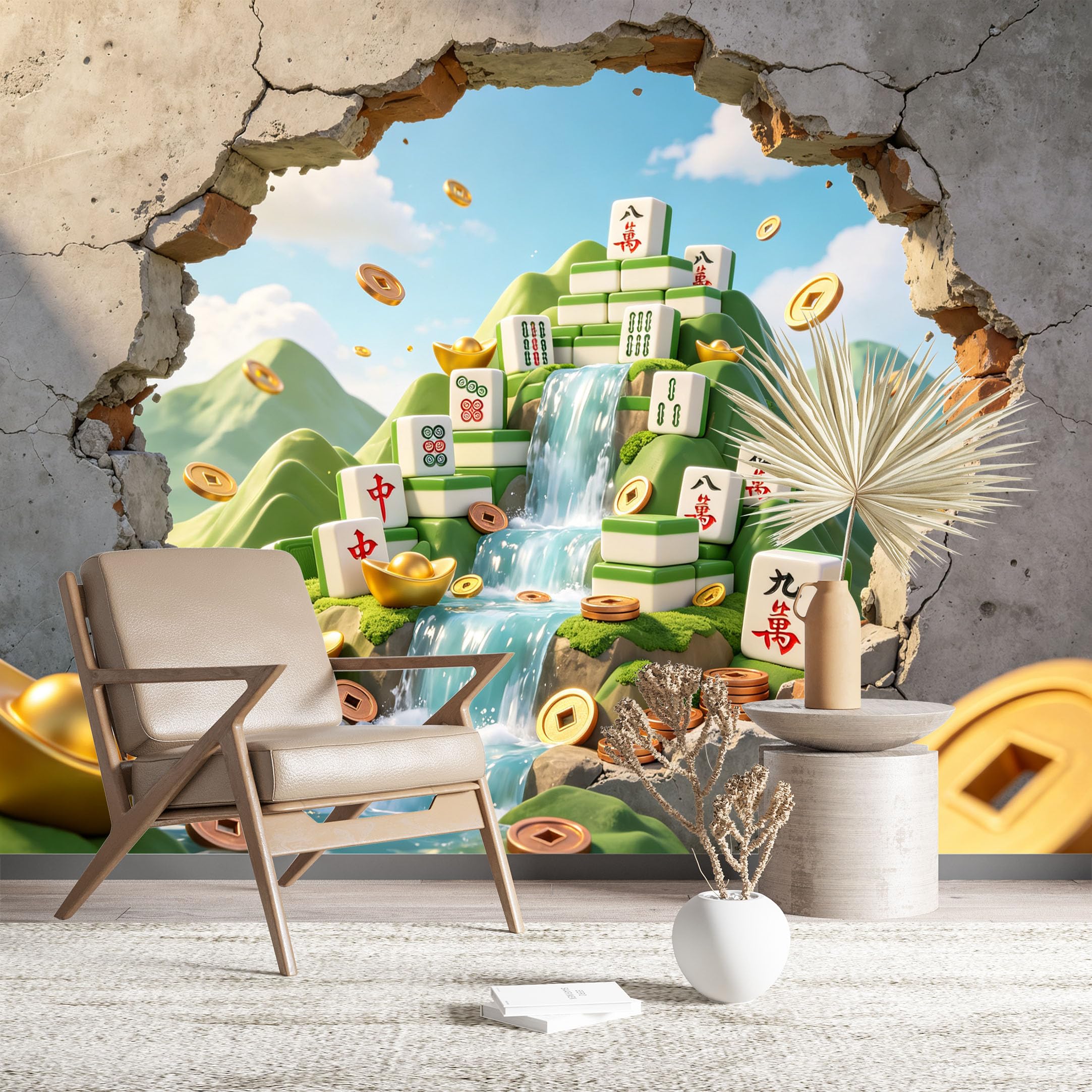 Custom Size Wall Murals Mahjong Gold Mountain Scene Wall Murals Fantasy Game Wallpaper Large Photo Wallpaper Self-Adhesive Removable Wallpaper for Living Room