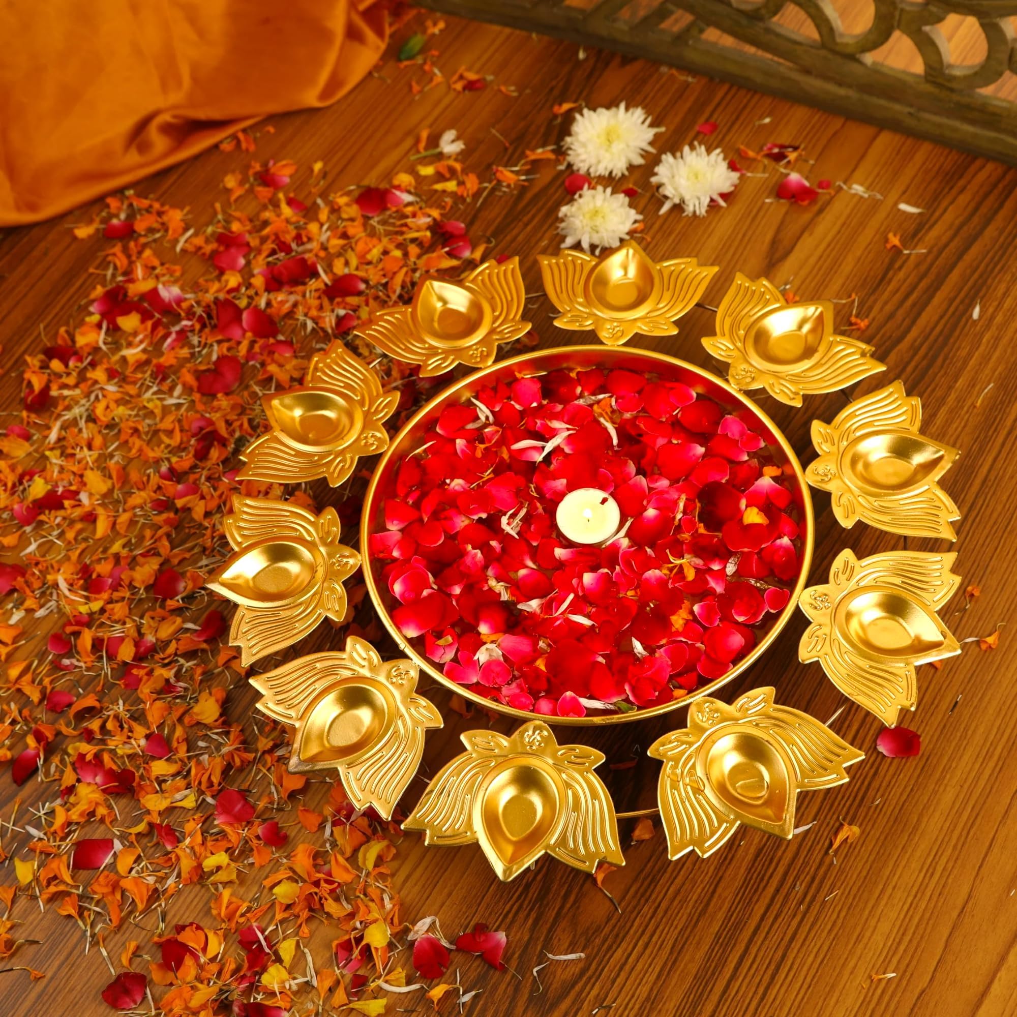 KIHLotus Diya Shape Decorative Urli Bowl for Pooja Decorations Floating Flowers Urli Holder for Home and Office & Table Decors Lotus Urli Bowls Décor Housewarming Item, Golden Size-14x14x1.5 inch