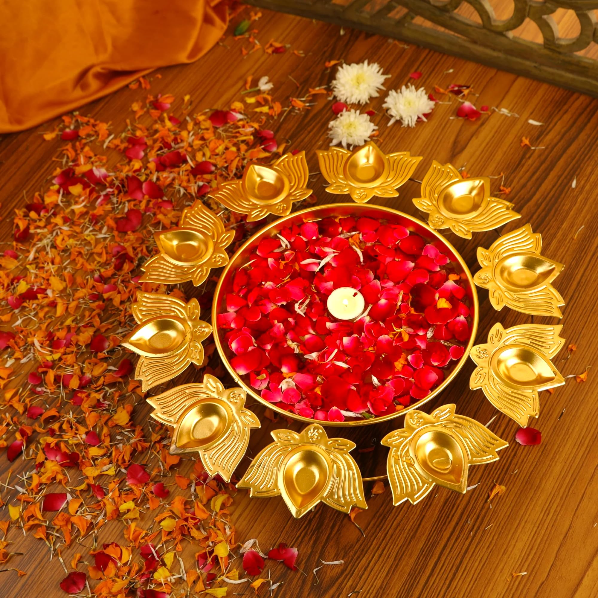 KIHLotus Diya Shape Decorative Urli Bowl for Pooja Decorations Floating Flowers Urli Holder for Home and Office & Table Decors Lotus Urli Bowls Décor Housewarming Item, Golden Size-14x14x1.5 inch
