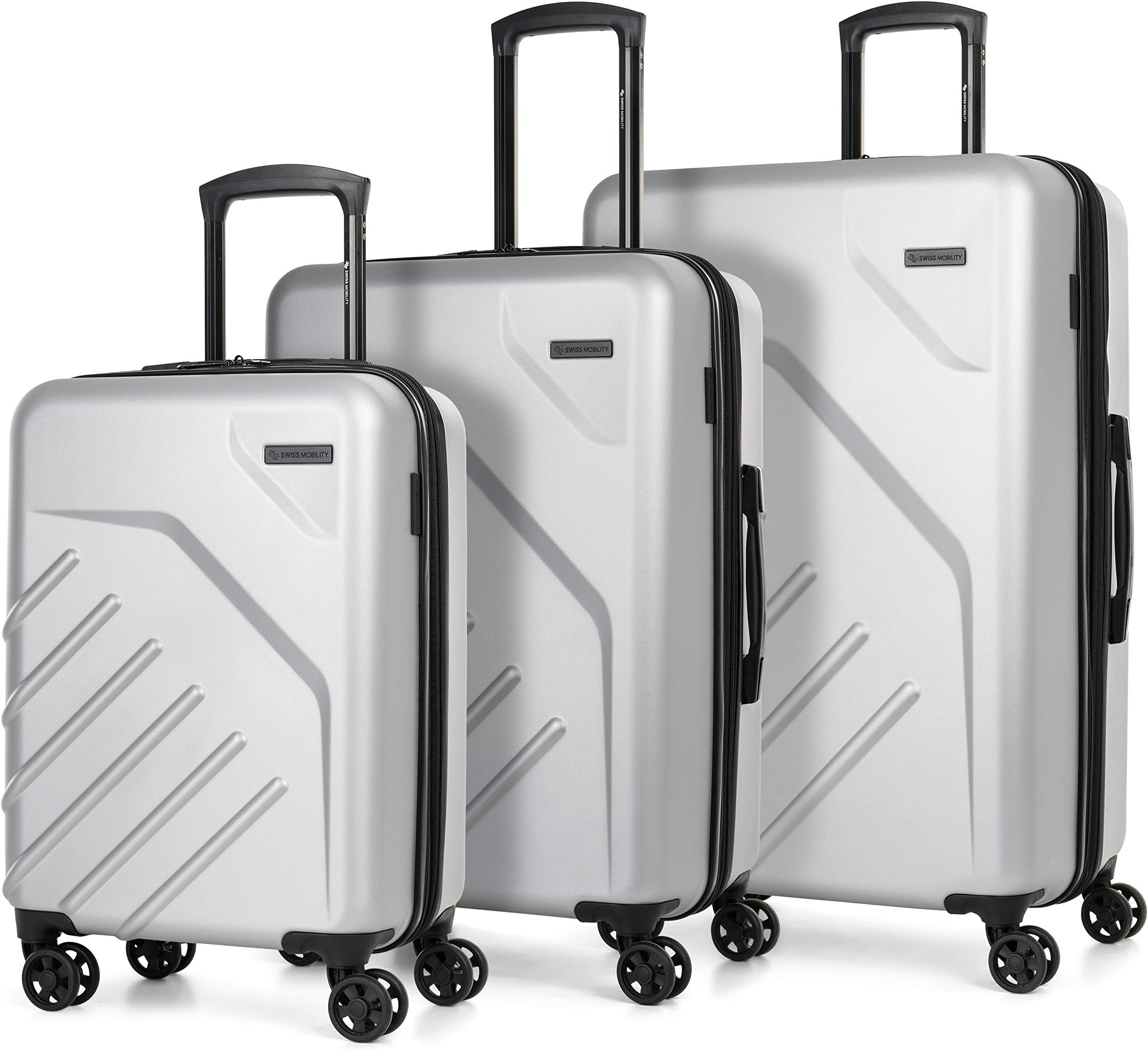SWISS MOBILITYLGA Collection 3 Piece Hard Shell Luggage Set, Expandable Suitcases with 360-Degree Spinner Wheels, Retractable Handle, 20 Inch Carry On, 24 Inch Mid-size, 28 Inch Large Bags, Silver