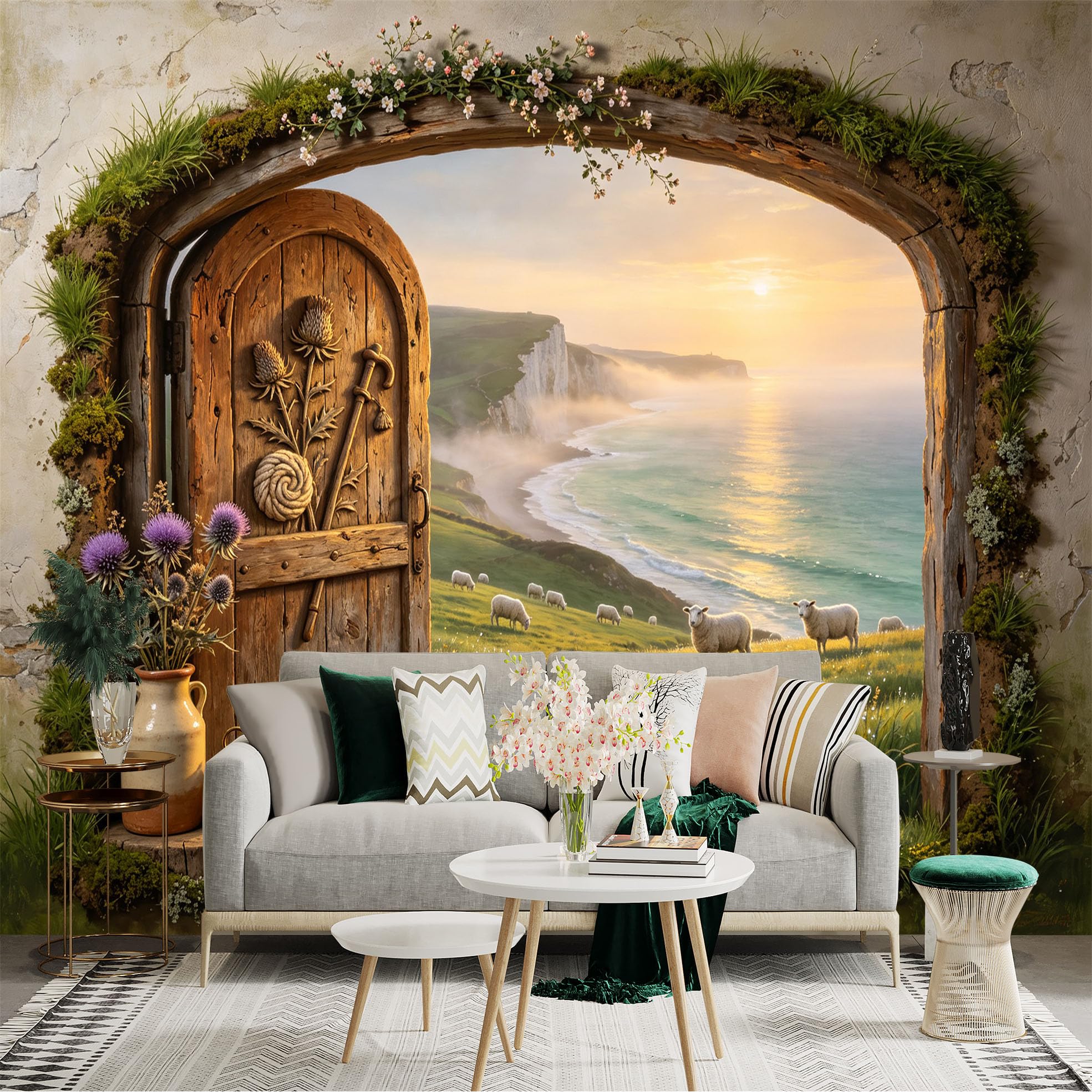 Custom Size Wall Sticker Mural， Rustic Coastal Landscape with Wooden Door， Sheep Meadow and Sunset Sea View， for wall Decoration， peelandstick wall Decals.