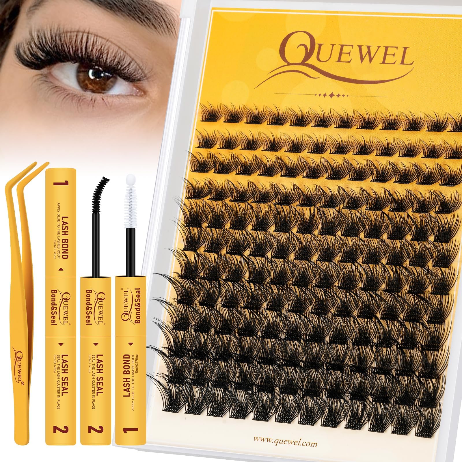 QUEWEL Cluster-Lashes-Kit, Volume Lash Clusters 8-16mm Eyelash Extension kit, D Curl Lashes Individual Cluster with Lash Bond and Seal and Tweezers (FD-MEGA-KIT)