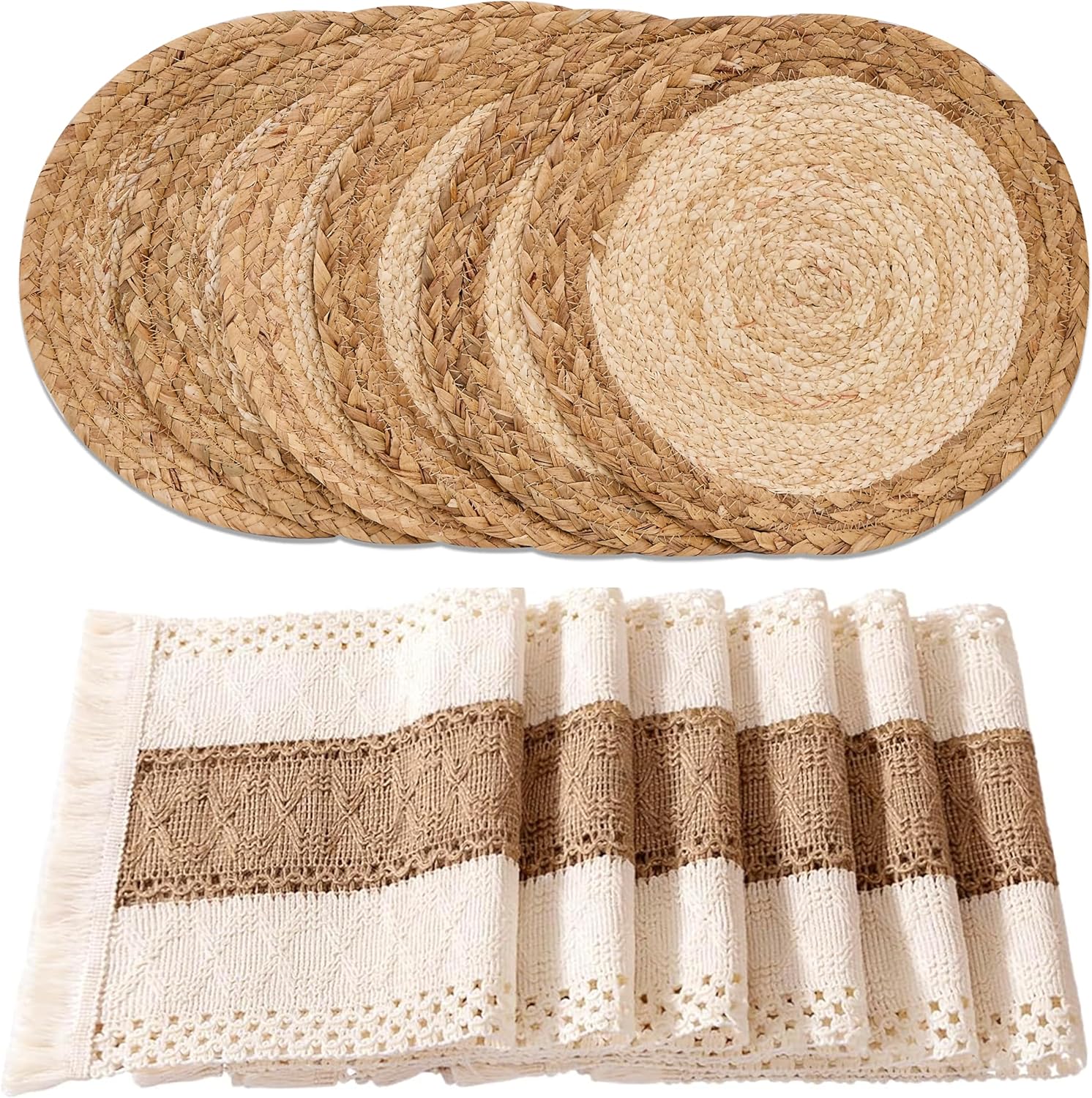 Handmade Boho Placemats Set of 6 - Natural Cotton Burlap and Water Straw Woven Rattan Wicker Braided Combination Table Mats, Macrame Table Décor Farmhouse Bohemian Style for Dining Room Table Kitchen