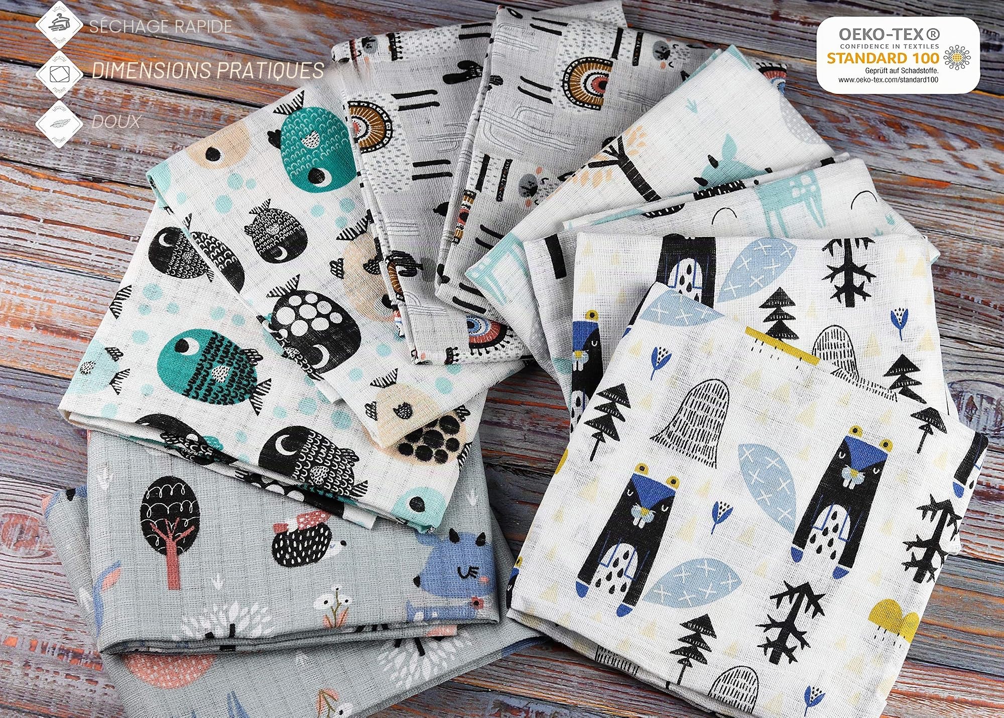 FENSILO,Chiffons en Gaze,Lot de 10 Couches 70x80 cm,Couches en Tissu, fabriquées en UE, certifiées sans substances nocives,Gris,Blanc