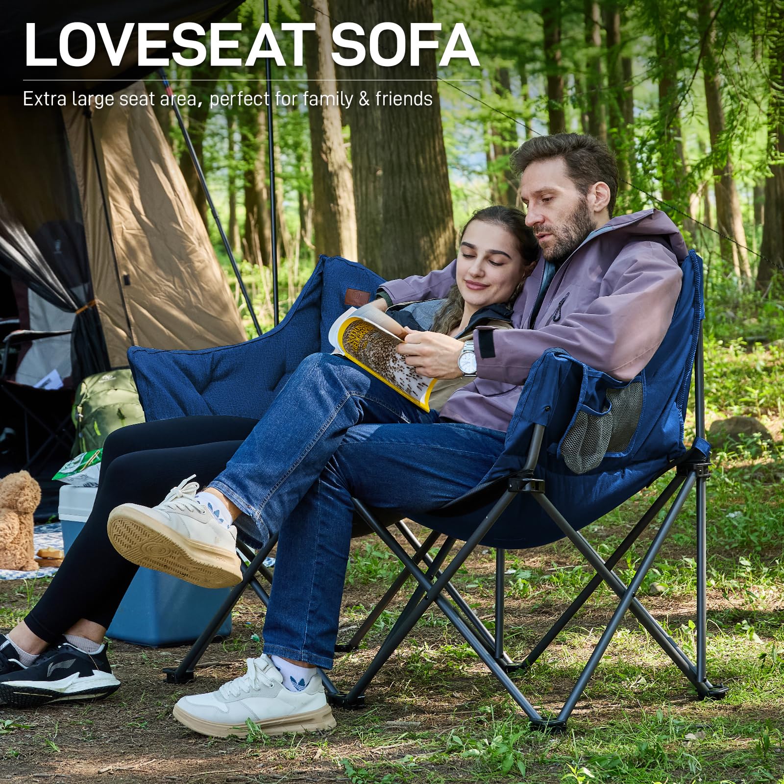 EVER ADVANCED Krzesło kempingowe, składane, szerokość 124 cm, sofa kempingowa dla 2 osób, składana sofa o obciążeniu 320 kg, grubo wyściełane, składane krzesło XXL, 2-osobowa, wysokie oparcie do