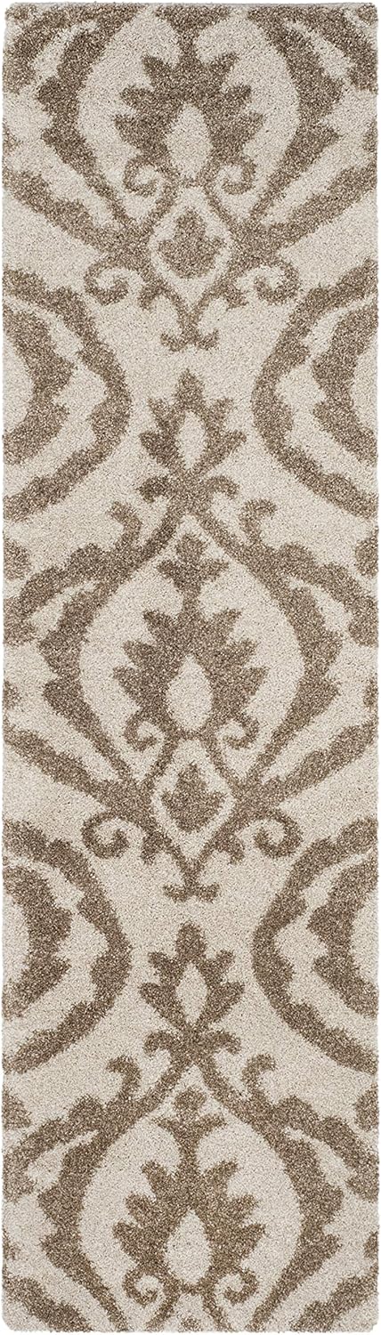 SAFAVIEH Florida Shag Collection Runner Rug - 2'3" x 8', Cream & Beige, Damask Design, Non-Shedding & Easy Care, 1.2-inch Thick Ideal for High Traffic Areas in Living Room, Bedroom (SG469-1113)