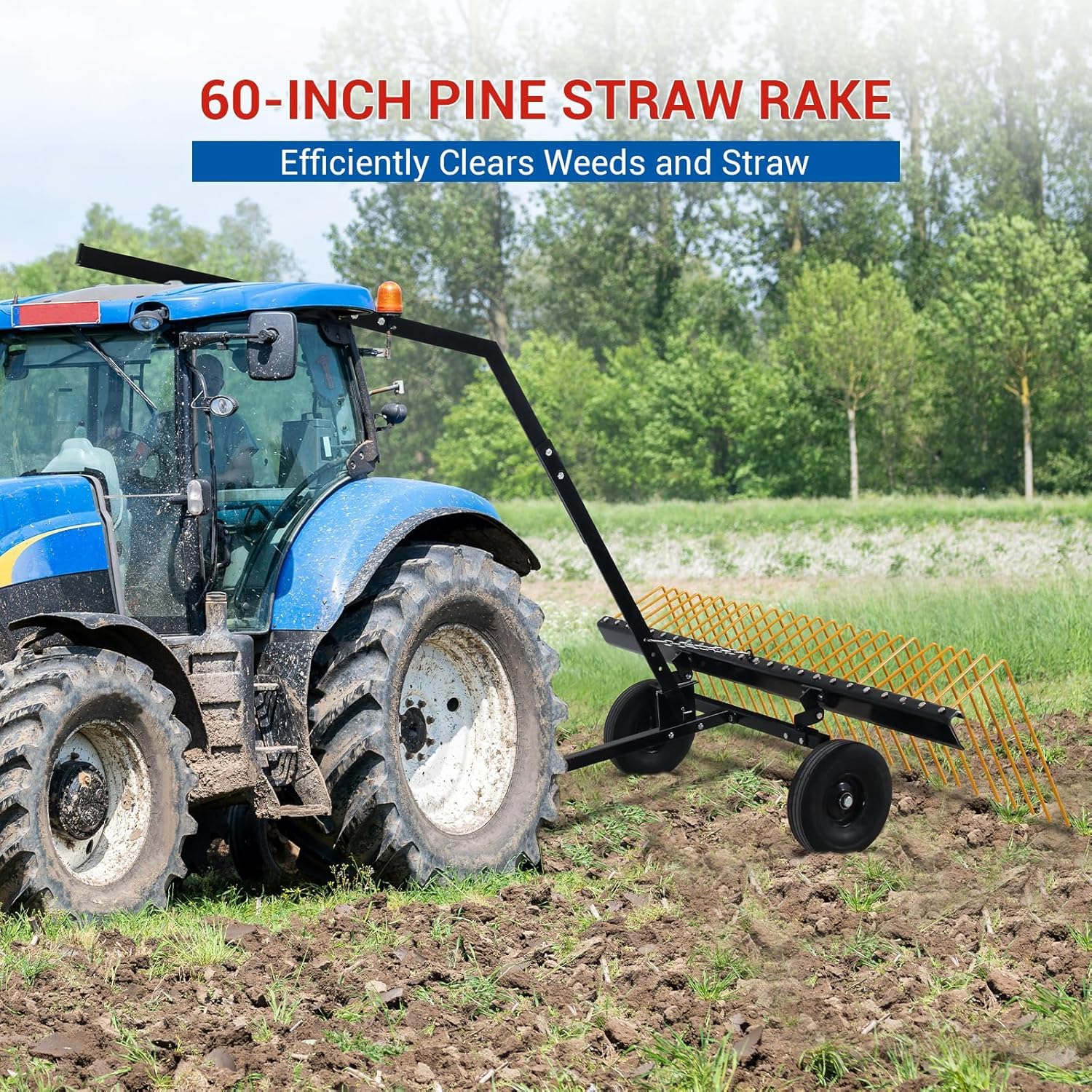 60" Tow Behind Pine Straw Rake – Heavy Duty Steel Lawn Rake with 24 Tines, Durable Corrosion-Resistant Construction for Tractor & ATV, Lawn Tractor Straw Rake for Yard Debris & Mulch