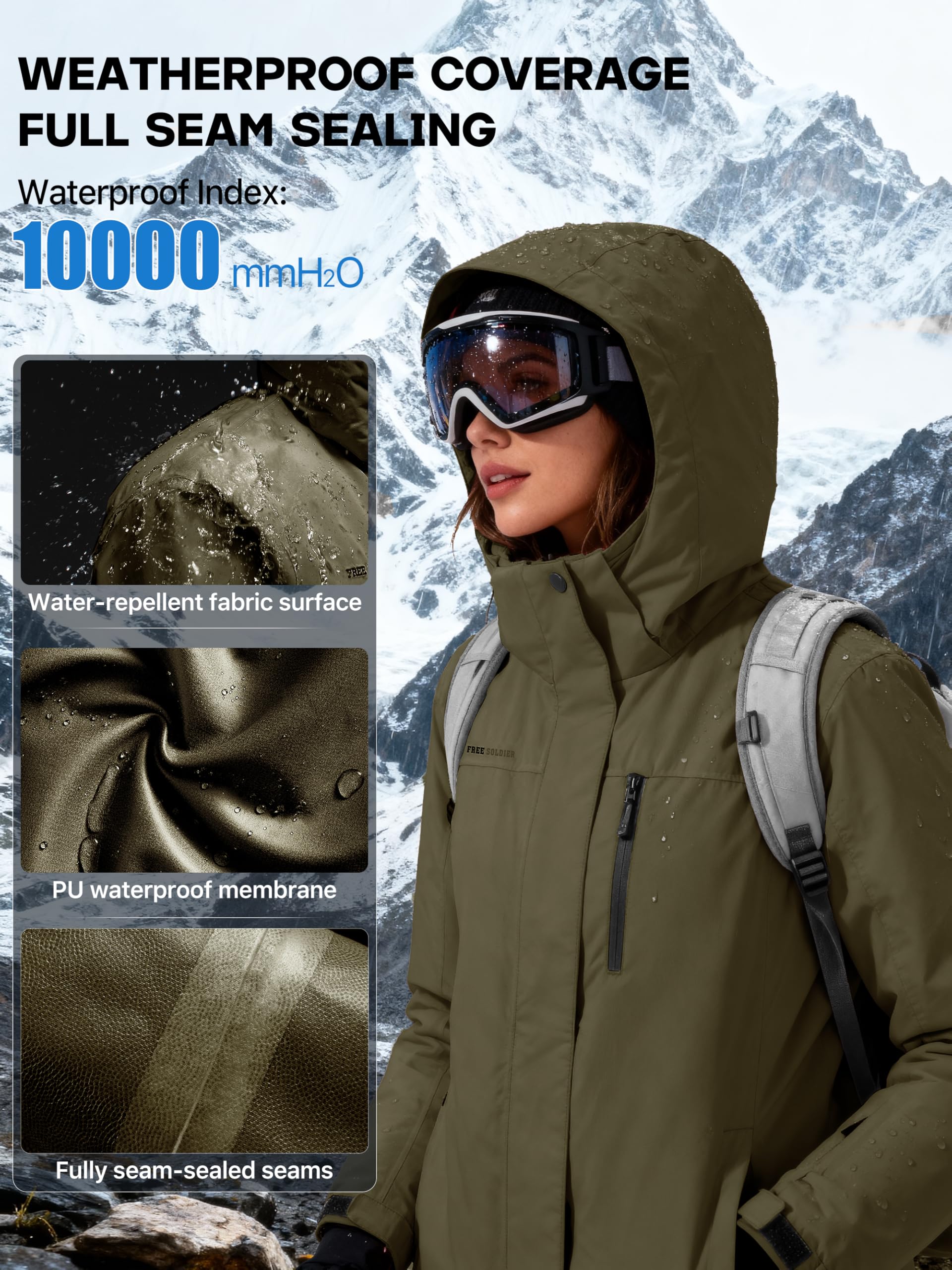 FREE SOLDIER Women's Waterproof Ski Snow Jacket Fleece Lined Warm Winter Rain Jacket with Hood Fully Taped Seams