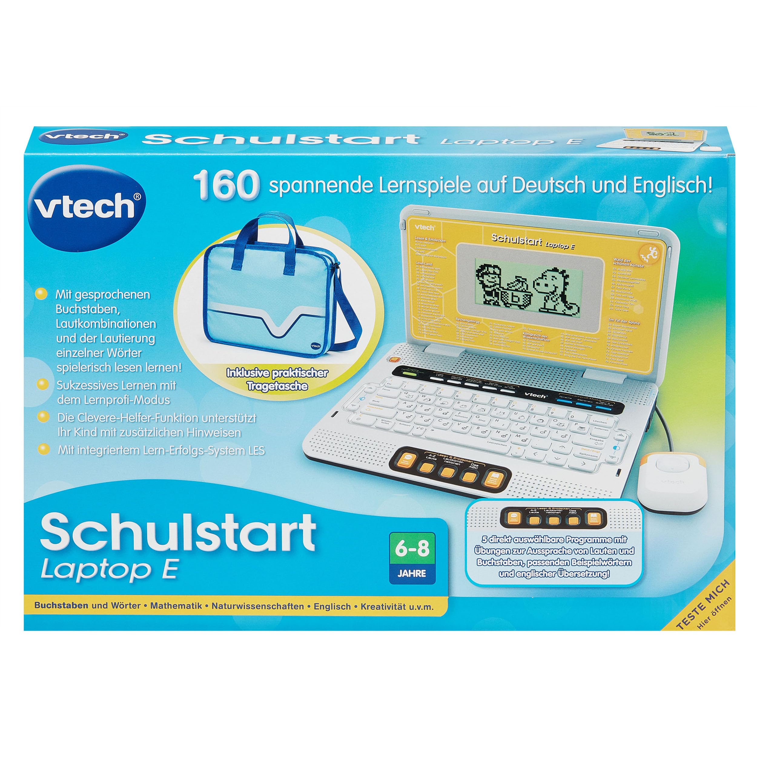 Vtech Schulstart Laptop E – komputer edukacyjny z 160 grami edukacyjnymi w języku niemieckim i angielskim – do nauki liter, słów, matematyki, nauk itd. – dla dzieci w wieku 6-8 lat