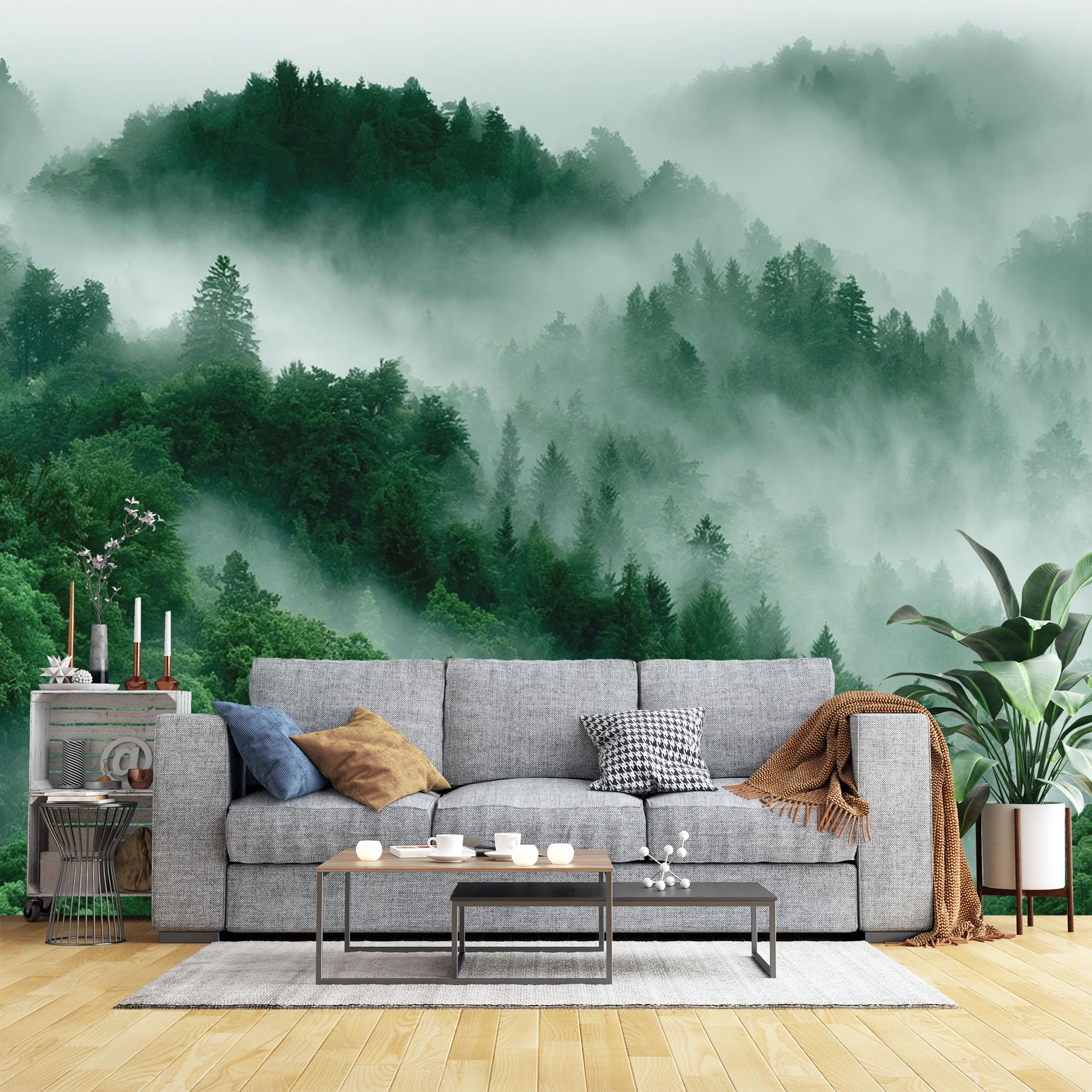 Custom Size Wall Murals Foggy Green Forest Hills Wall Murals Moody Landscape Wallpaper, Wall Stickers Self-Adhesive Removable Wallpaper for Living Room