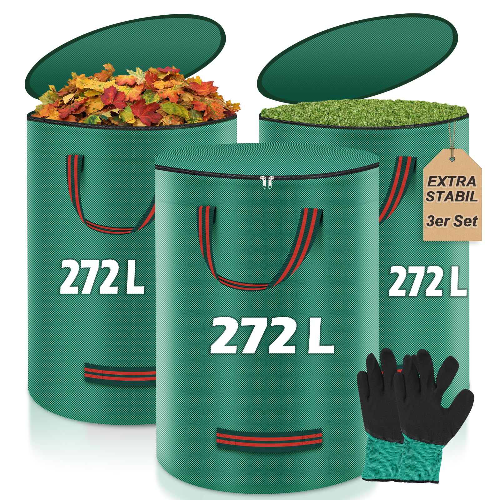 3 sacchi per rifiuti da giardino da 272 l, stabili con coperchio e guanti inclusi – Sacco da giardino grande, resistente agli strappi e impermeabile, riutilizzabile e pieghevole per taglio