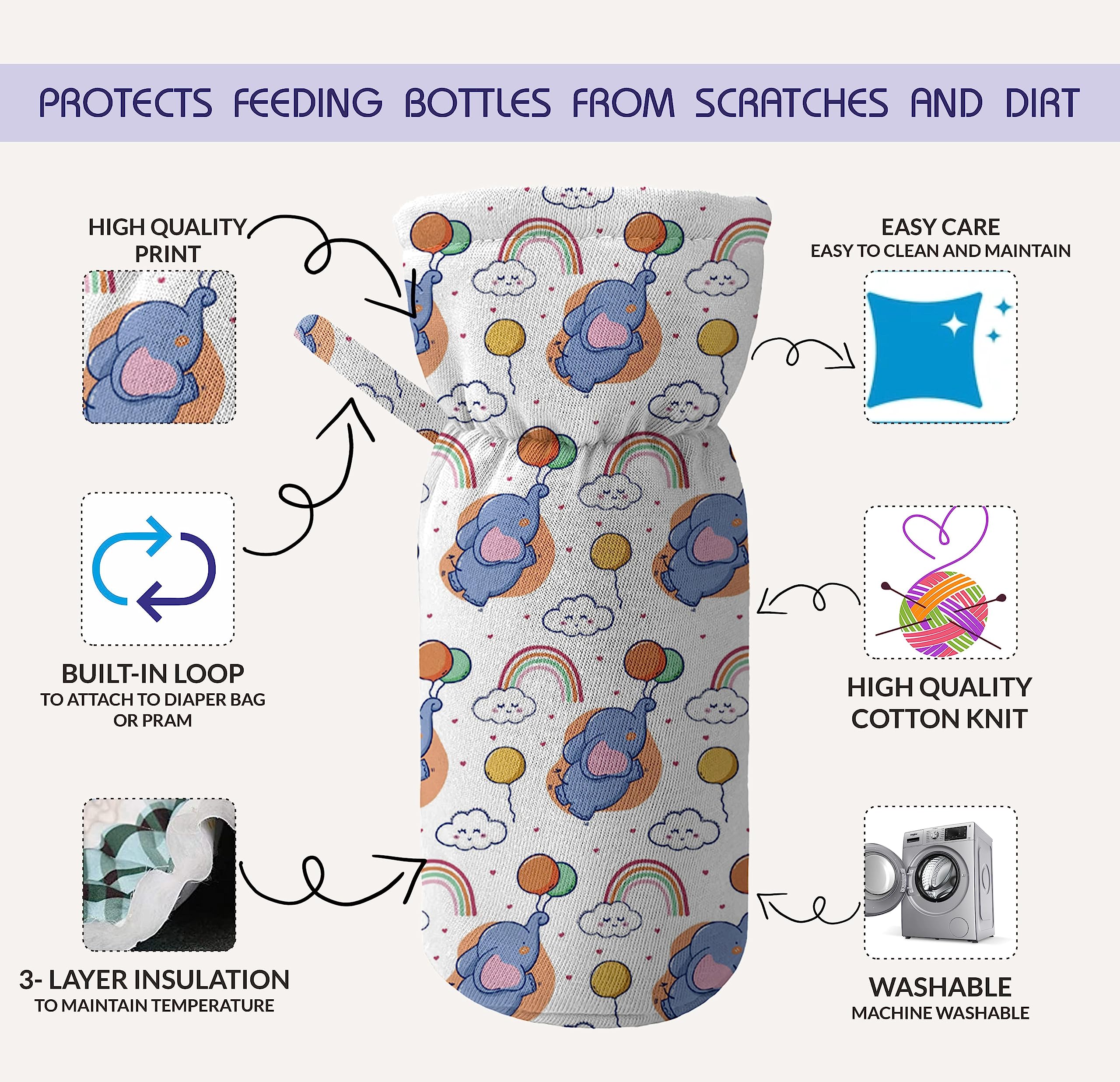 Novo Baby Cotton Soft Plush Baby Bottle Feeding Cover Tote Modern Bag Carrier Bag Bottle Cover with Strap Pack of 2 (Cute)