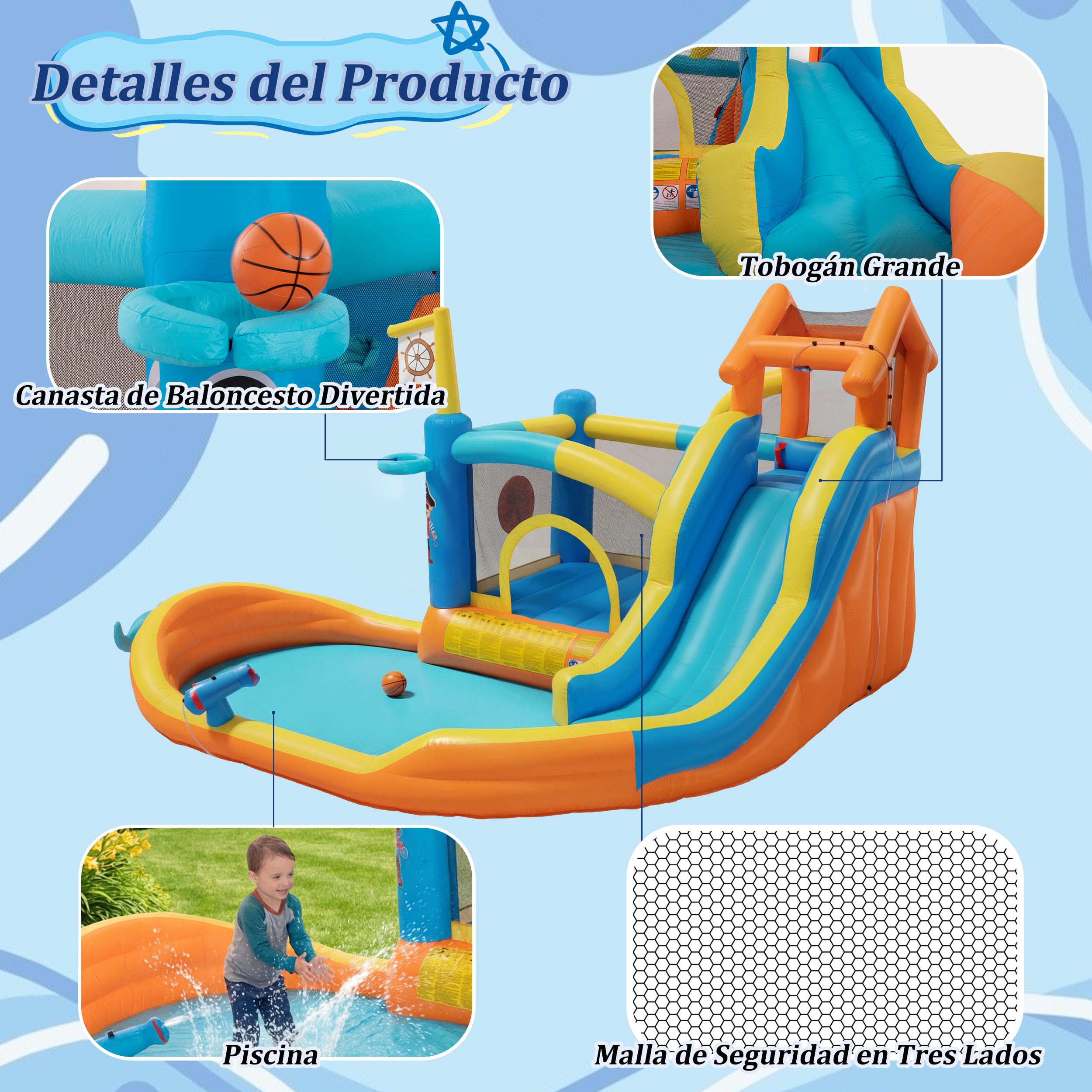 UEV Parque Hinchable 8 en 1 para Niños con Ventilador, 414 x 364 x 244 cm | Parque Infantil Temático Náutico con Tobogán y Pistola de Agua, Castillo Hinchable Interior y Exterior para Niños 3-10 Años