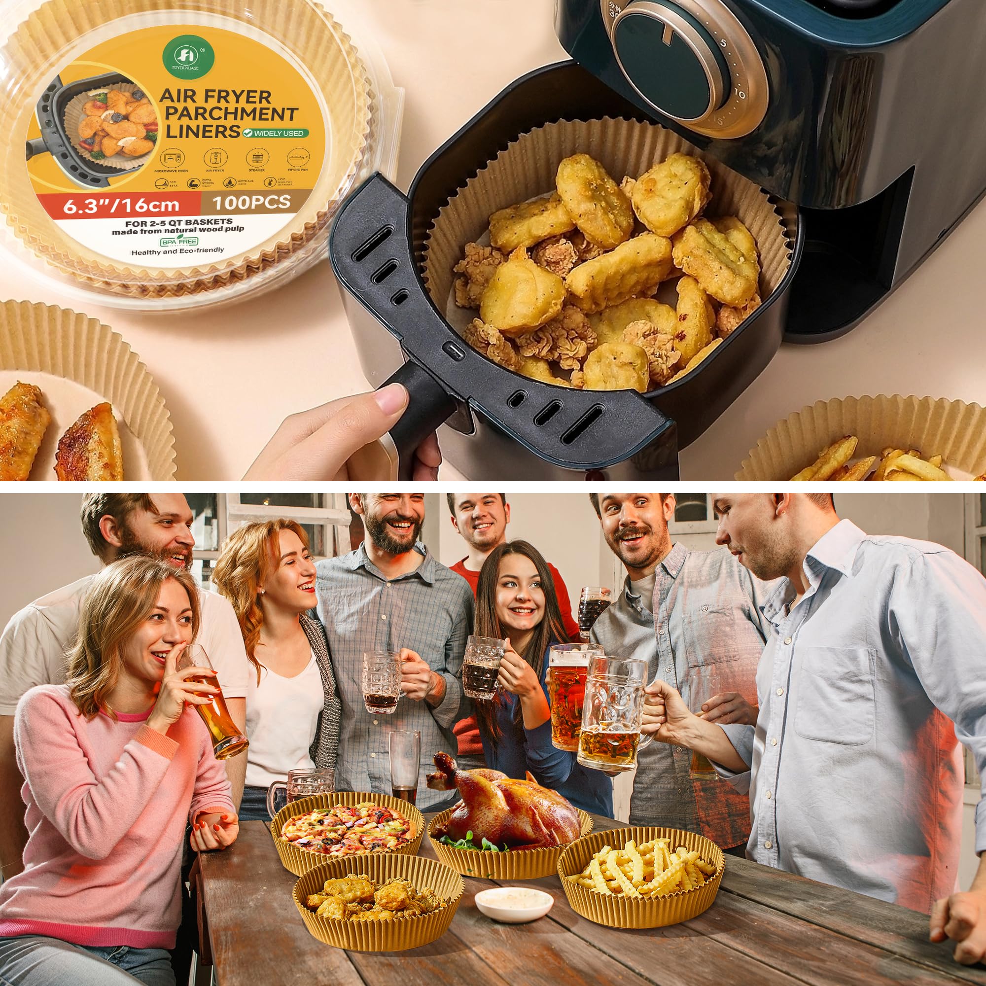 Air Fryer Liners, 16,3 cm ronde BPA-vrije luchtfriteuse wegwerp papieren voeringen, food grade bakpapier oliebestendig, waterbestendig voor heteluchtfriteuse magnetron (100 stuks