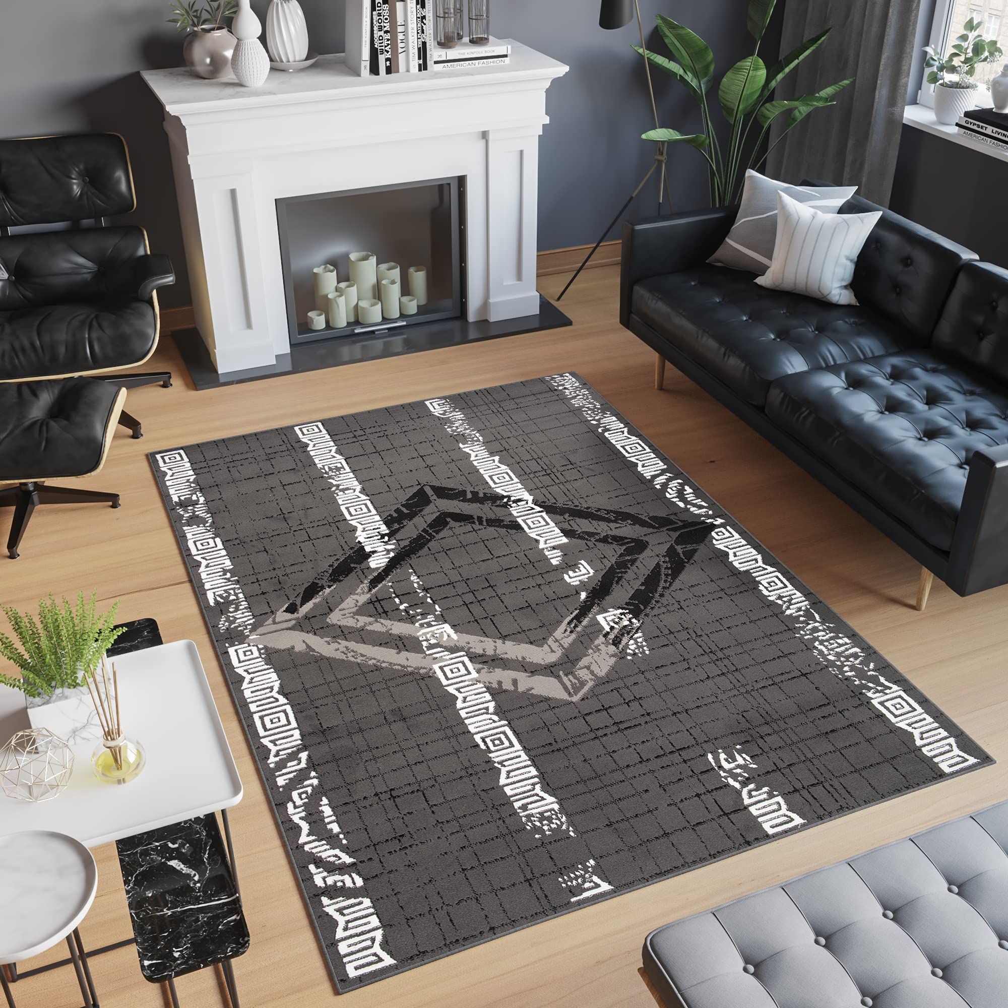 TAPISO Atena Tapis de Salon Chambre Ado Design Moderne Gris Foncé Blanc Motif Grec Doux Fin Poil Court 140 x 200 cm