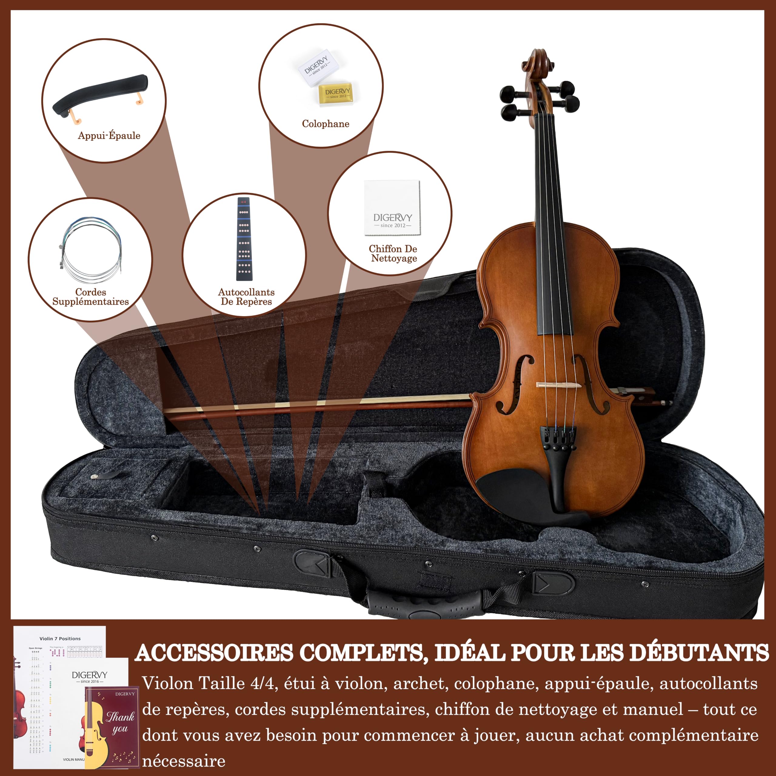 Violon 4/4 pour Débutants – Kit Complet Taille Adulte avec Étui, Archet, Coussin d'Épaule, Colophane, Cordes et Chevalet – Violon Acoustique pour Étudiants et Adultes