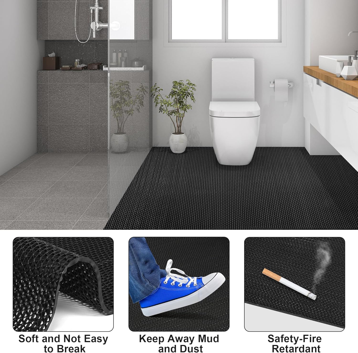 Drainage Floor Mat 3'x16'5'' Non Slip Commercial Mats 1/5'' Thick PVC Rubber Mesh Hollow Mat Entrance Mat for Wet Area Kitchen Swimming Pool Bathroom Washroom Restaurant Garage(Black, 3'x16'5'')