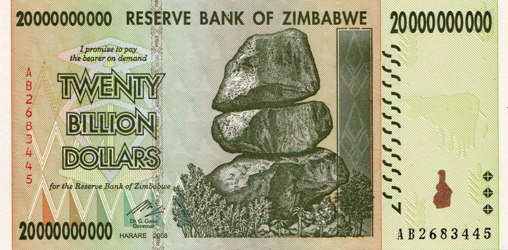 Zimbabwe Dollar Bill Money Inflation Record Currency Banknote 20 Billion Banknote
