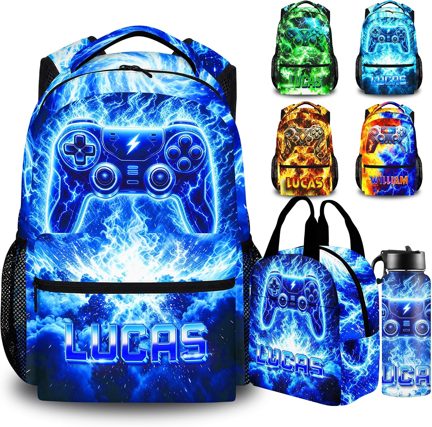 Artsadd Personalized Kids Backpack with Lunch Bag Boys Custom Gamer Backpacks with Name 17 Inch Gaming Bag Schoolbag Bookbag for Kids Kindergarten Primary Senior Middle Back to School