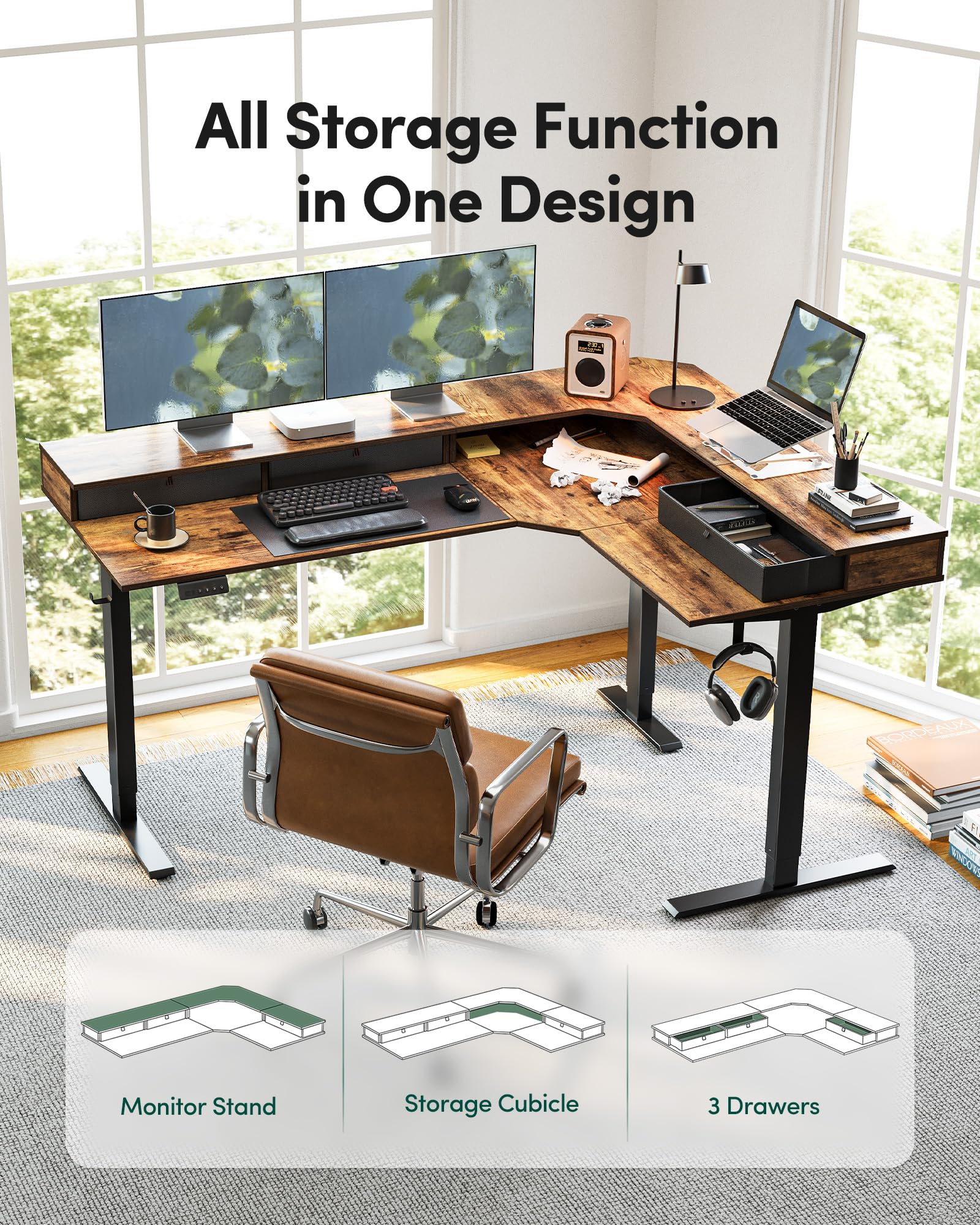 FEZIBO L Shaped Electric Standing Desk, 63x48 inch Large with Drawers | Reversible Tabletop, 2 Memory Height Settings | Home Office & Gaming Height-Adjustable Table, Rustic Brown（2 Packages） - 5