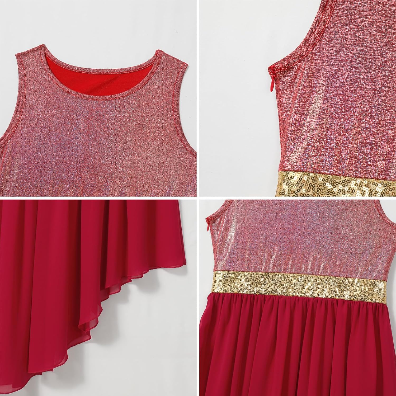 ODASDO Girl Praise Dance Dress Sleeveless Asymmetrical Overlays Tunic Tops Metallic Color Block Liturgical Worship Dancewear
