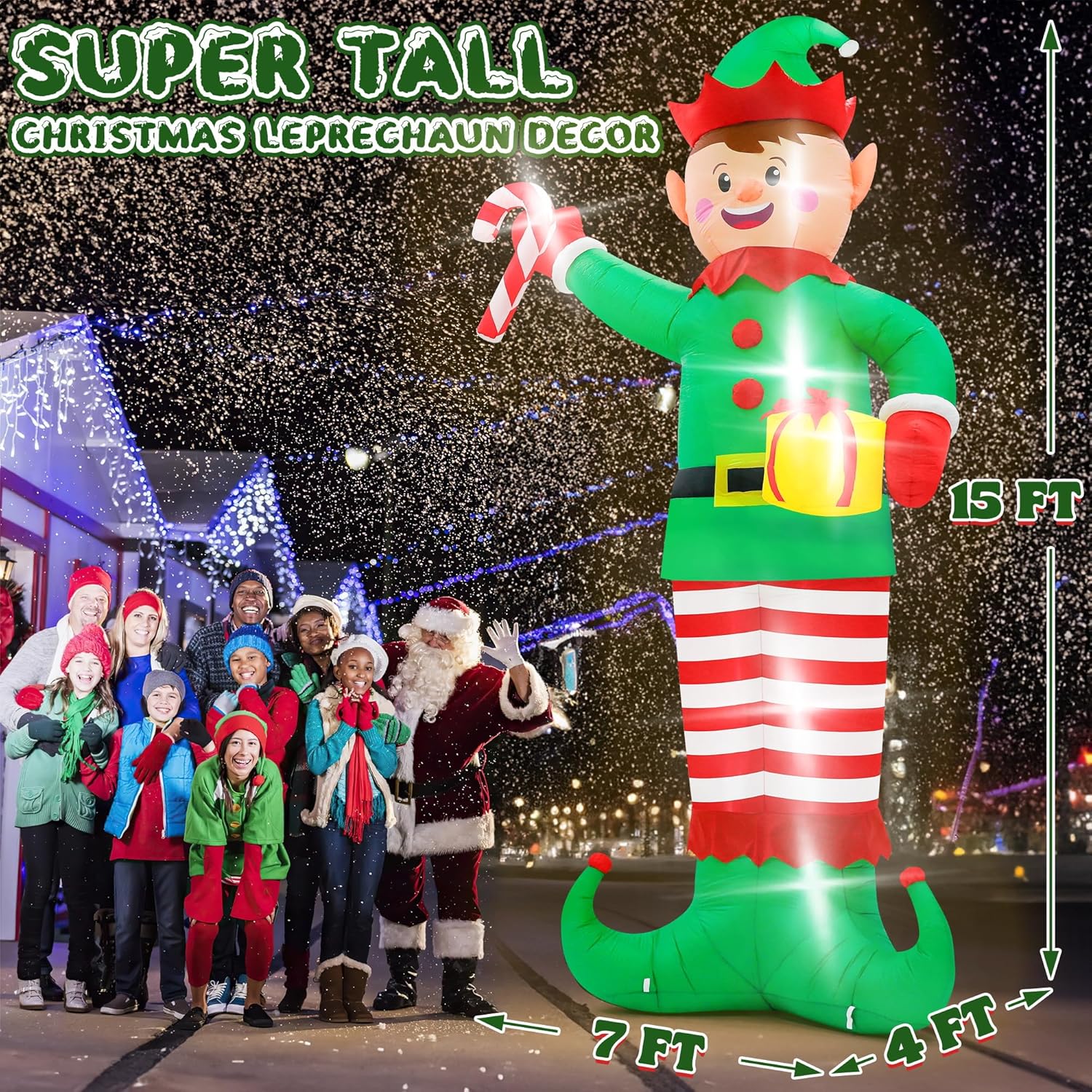 Christmas Inflatables, Giant 15 FT Christmas Elf Inflatable Outdoor Decoration, Blow Up Xmas Elf Holding Box, LED Lighted Holiday Yard Decorations for Lawn Garden Home Party Xmas Winter Decor