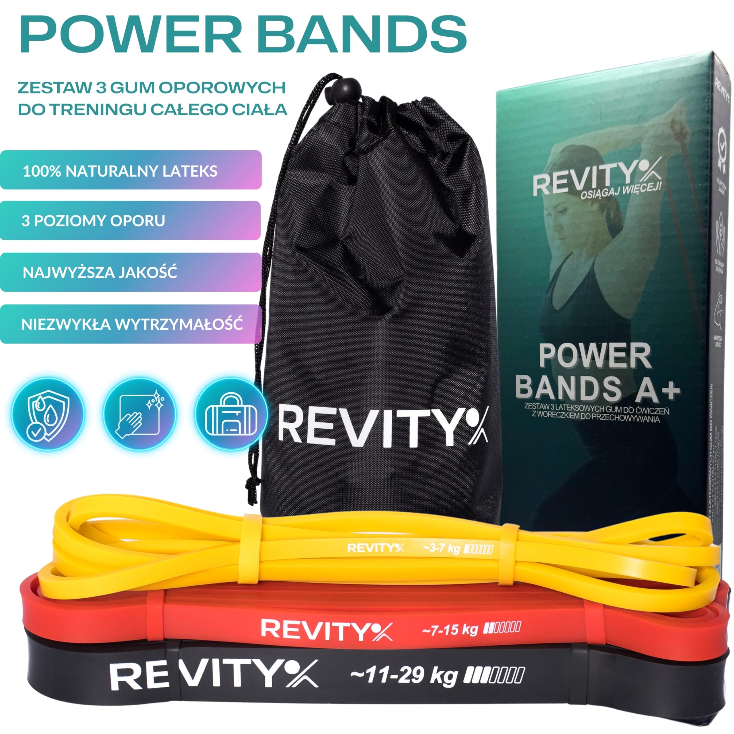 Gumy Oporowe - Zestaw 3 Gum do Ćwiczeń, Power Bands 3-29 kg | z Naturalnego Lateksu Wyjątkowo Trwałe, z Planem Treningowym PDF na 30 Dni, Instrukcją Ćwiczeń i Woreczkiem do Przechowywania